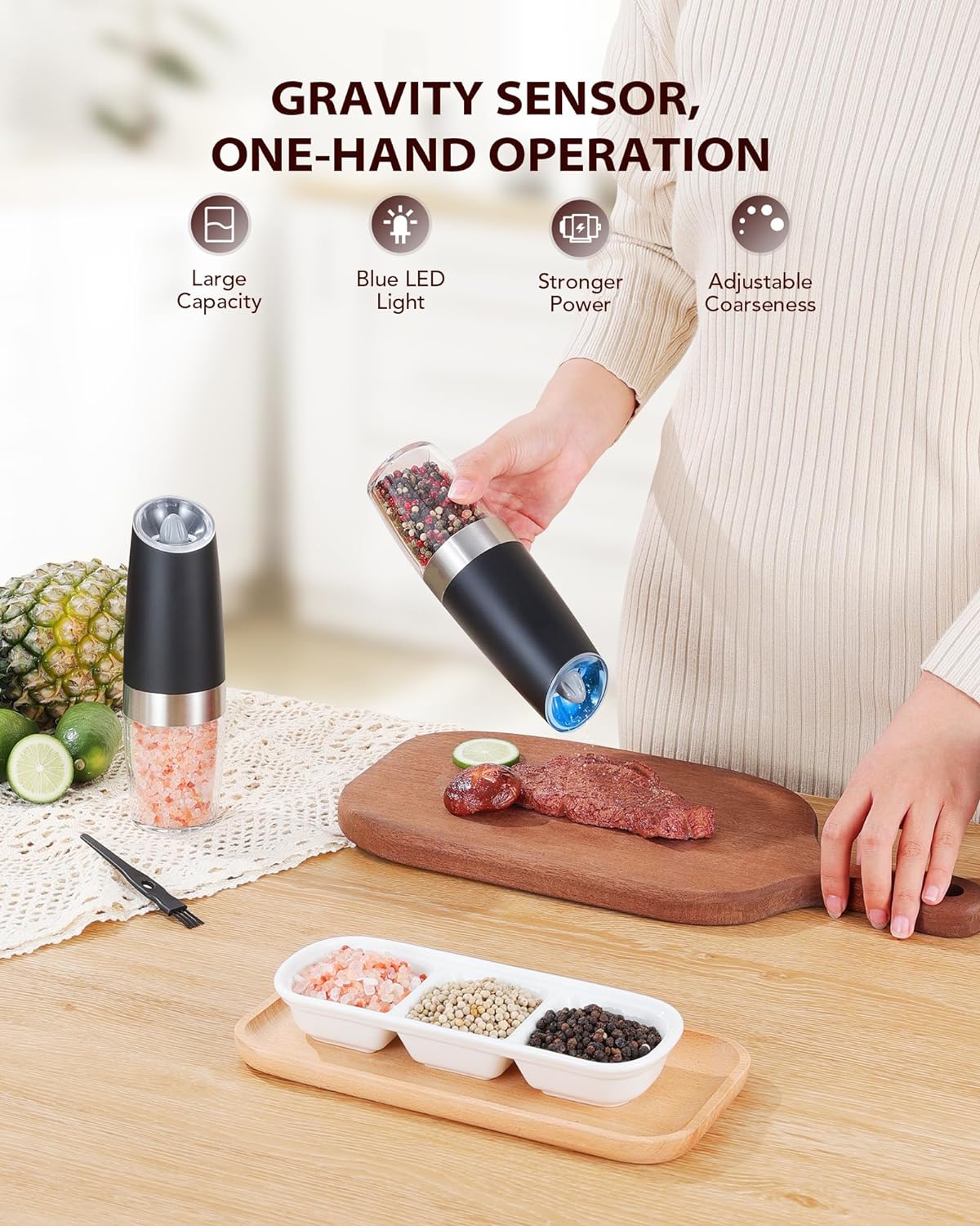 Sangcon Gravity Electric Salt and Pepper Grinder Set Automatic Shakers Mill Grinder with LED Light, BATTERY POWERED Adjustable Coarseness One Hand Operation, Upgraded Larger Capacity