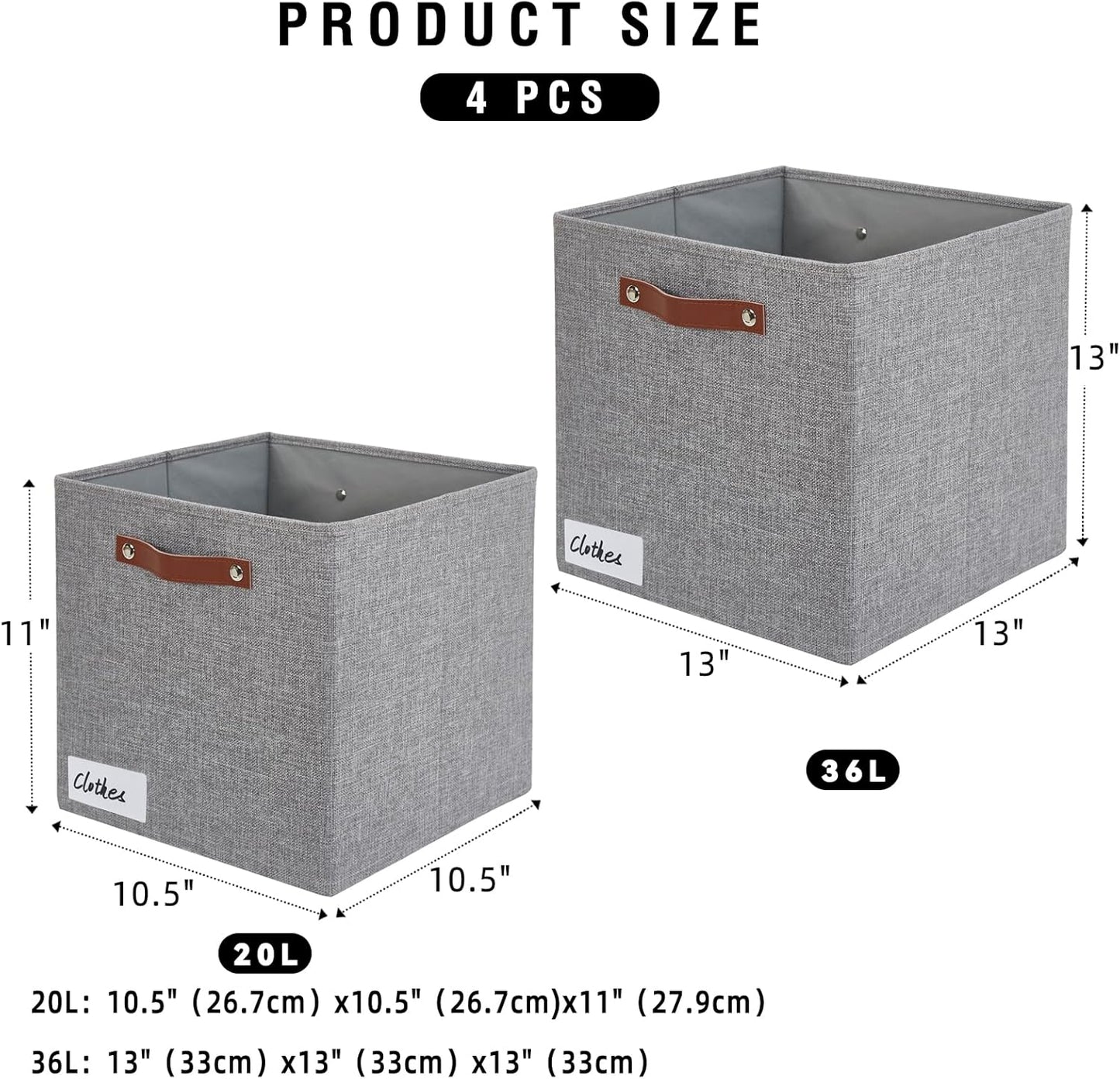 Collapsible Fabric Storage Cube Bins with 2 Reinforced PU Handles, Foldable Storage Organizer Baskets for Closet, Shelves, Living Room | 13"x13"x13", 4 Pack, Full Gray