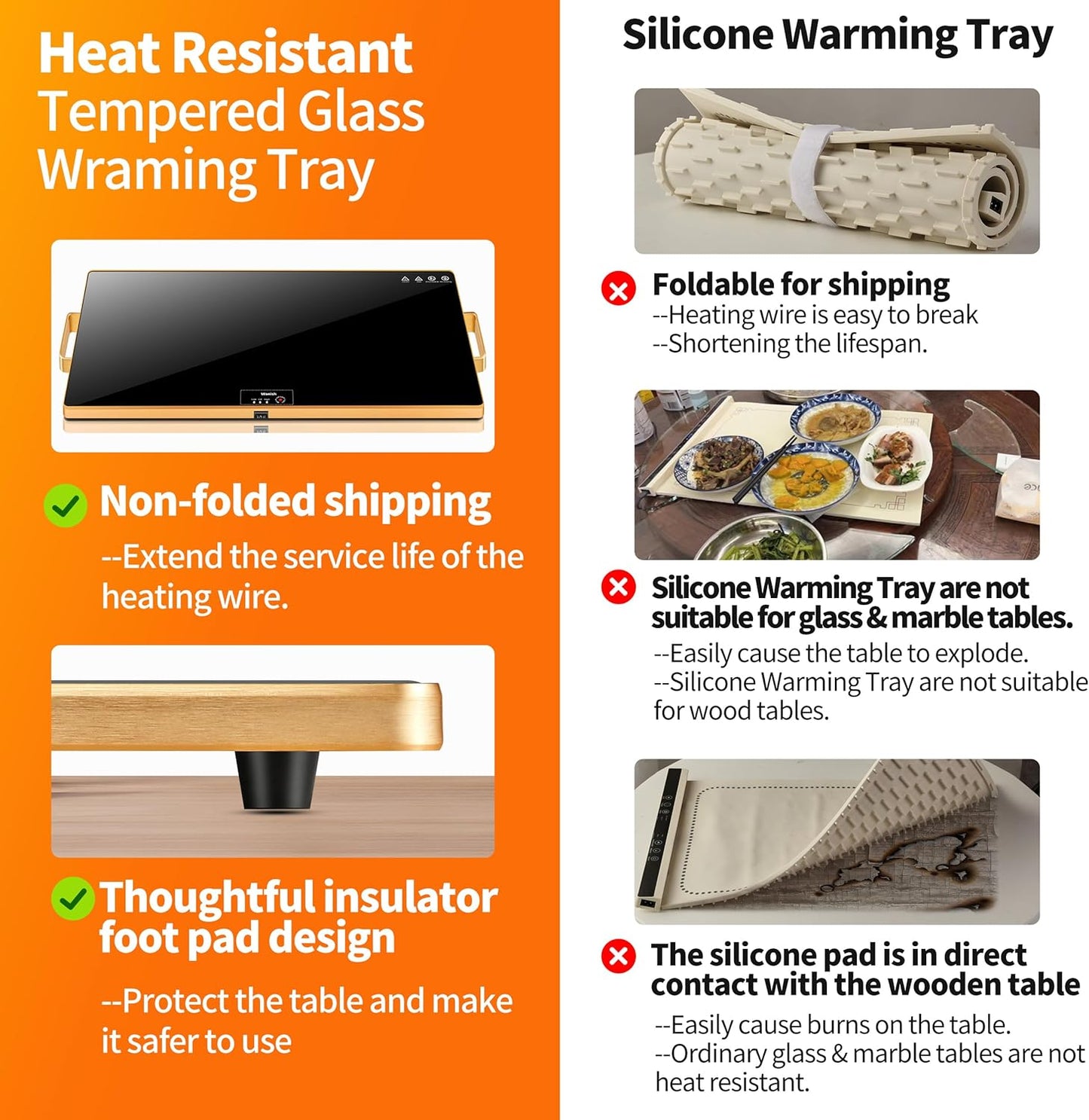 Electric Warming Tray (XXL 32”x18”)，Food Warmers for Parties Buffet with Thermostat & Full Surface Heating, Tempered Glass Warming Mat for Food, Temperature Adjustable Gold Handles Food Warming Mat