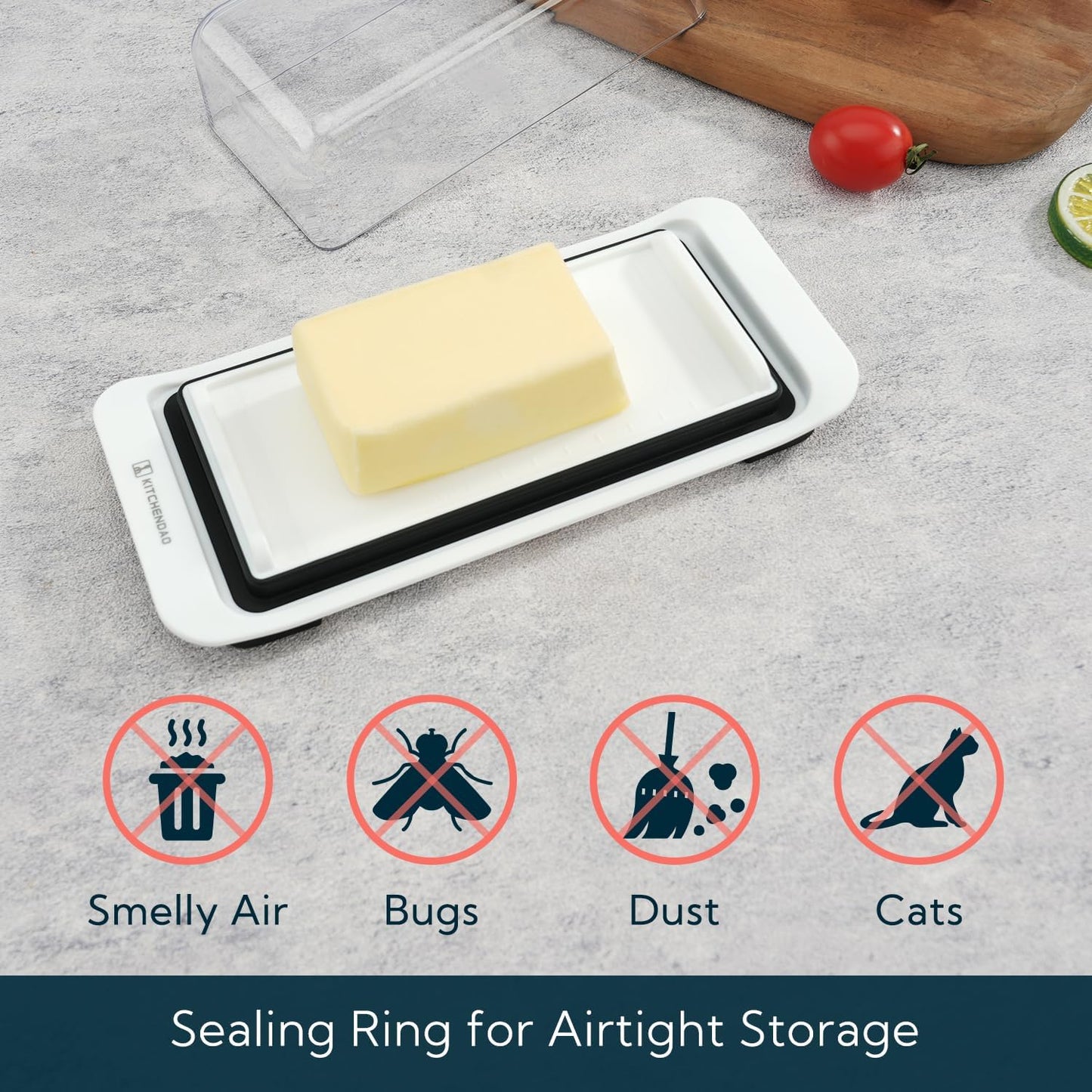 KITCHENDAO Large Airtight Butter Dish with Lid for Countertop and Fridge, Butter Keeper, Plastic Butter Holder Tray for 2 Sticks East Coast/West Coast/European Style/ Kerrygold Butter/ Cream Cheese