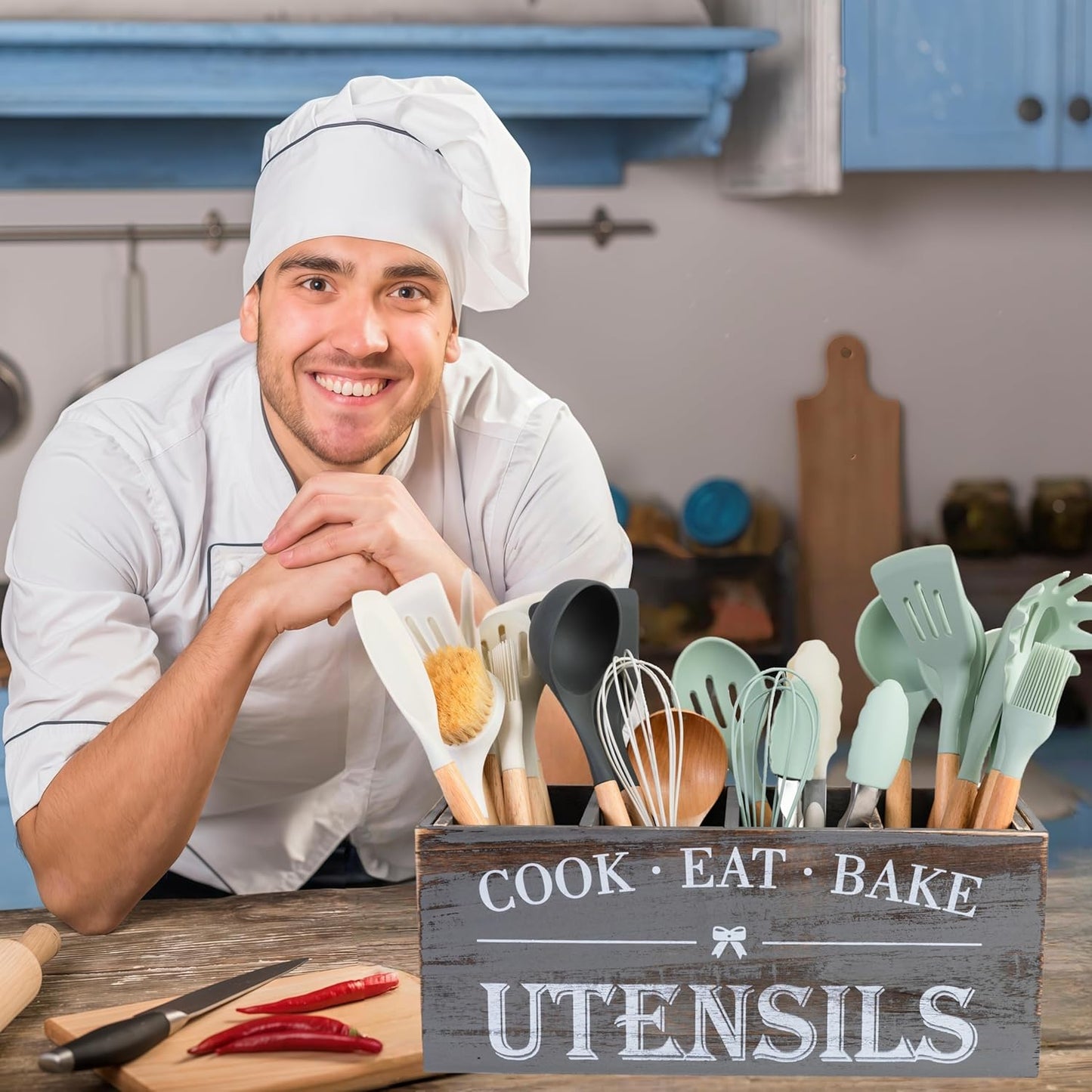 Utensil Holder,Extra Large Wooden Utensil Holder For Kitchen Counter,Cooking Spatula Organizer,Big Storage Caddy With 4 Compartments Flatware Spoon Tool Cutlery（Grey）