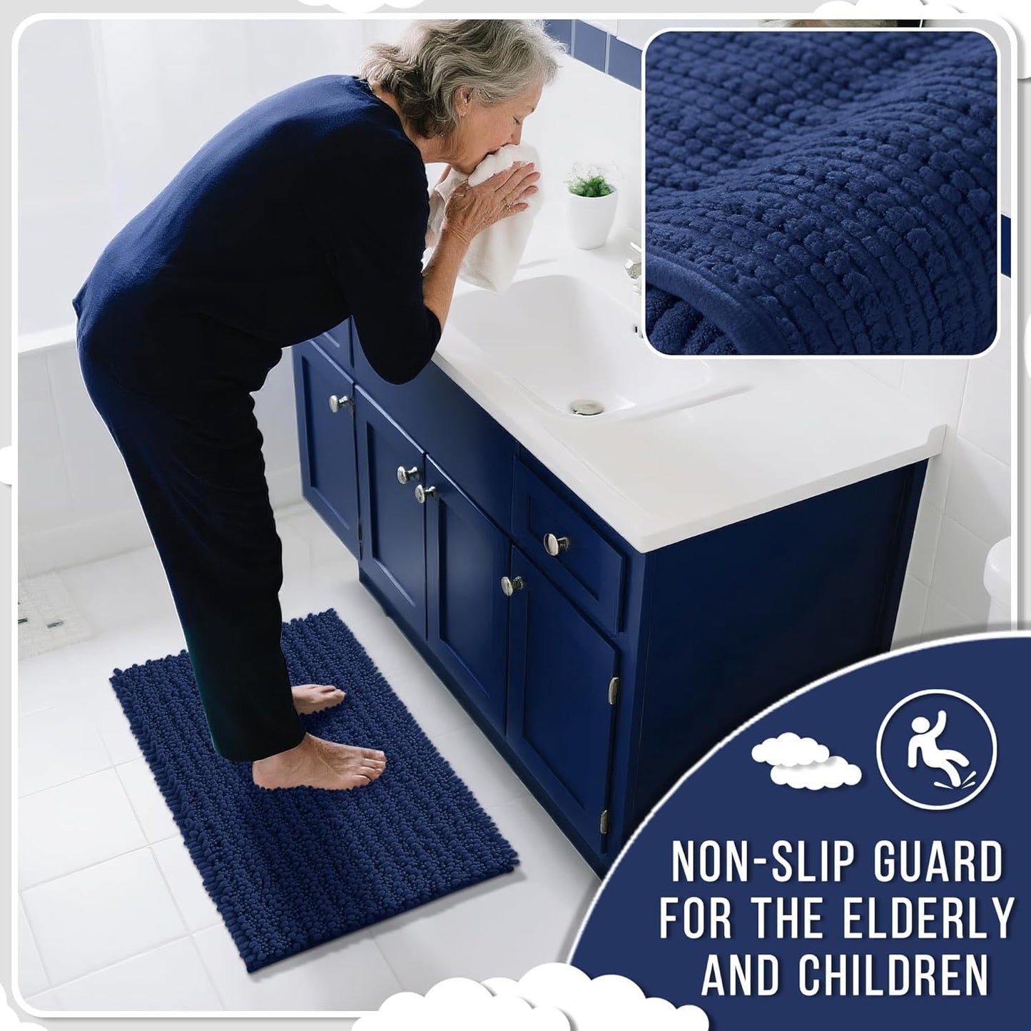 Yimobra Bathroom Runner Rug 60x24 Inch - Extra Long Non Slip Chenille Bath Mat, Soft & Absorbent, Machine Washable Shaggy Hallway Carpet for Vanity Tub Shower, Navy Blue Home Decor Accessories