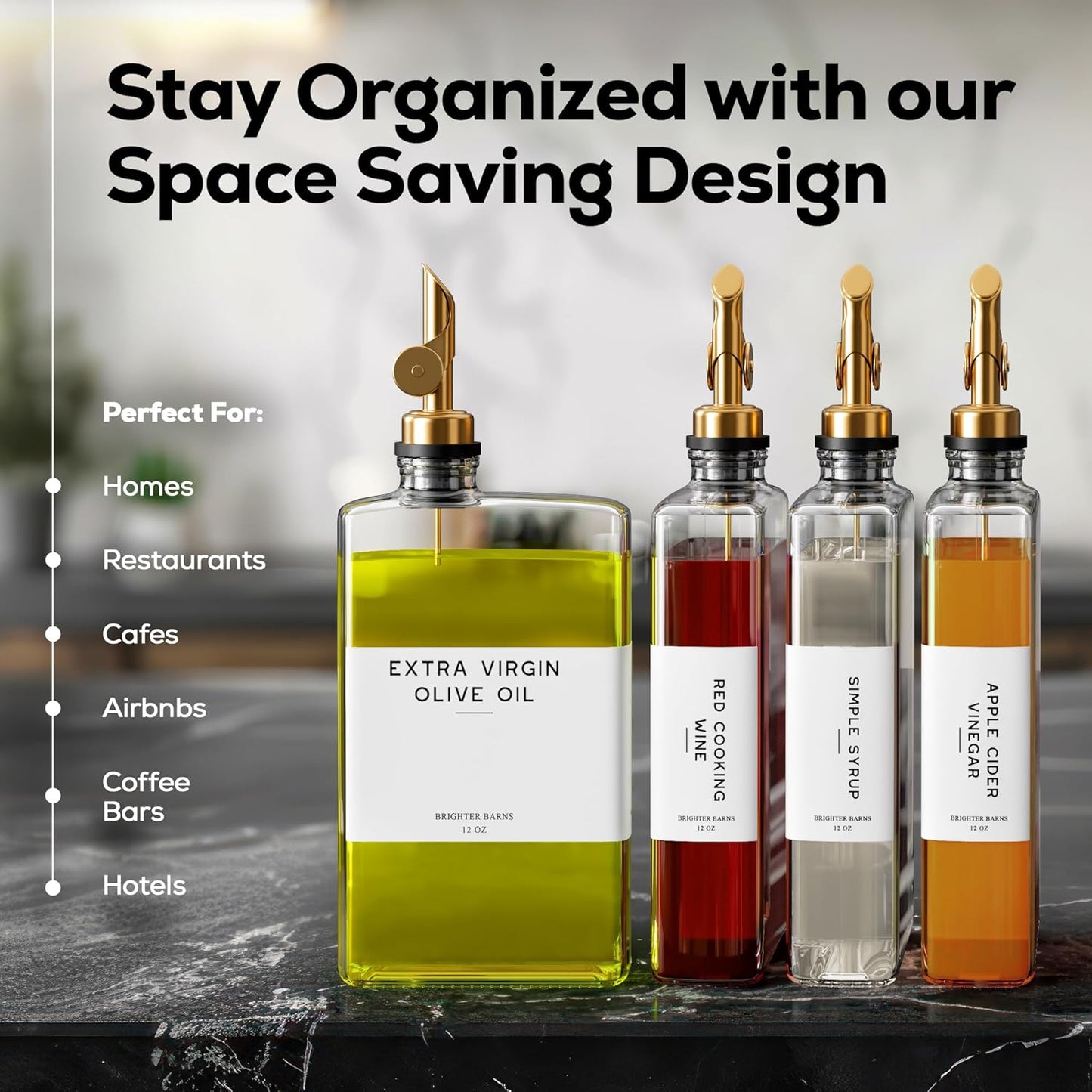 Glass Olive Oil Dispenser Bottle for Kitchen by Brighter Barns - Coffee Syrup Dispenser, Oil and Vinegar Bottle - Modern Kitchen Essentials for Home, Restaurant, Coffee Bar, Airbnb (Clear, Set of 2)