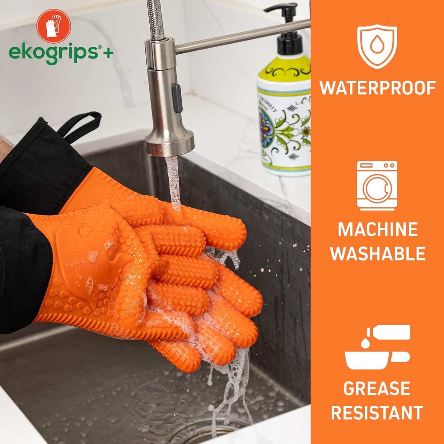 Ekogrips+ Premium Silicone Oven Mitts - Comfy, Waterproof, Heat Resistant BBQ Gloves for Grilling, Long Cuff for Added Protection, 5 Finger Dexterity, 3 Sizes, 4 Colors, L/XL, Red