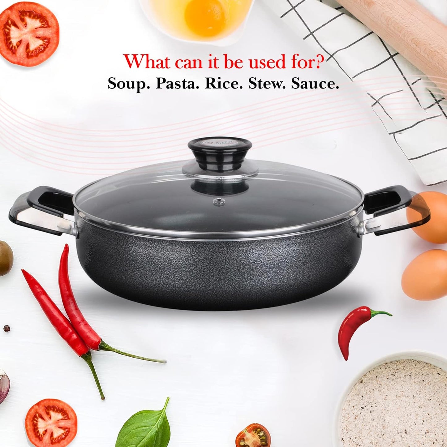 Alpine Cuisine 3 Quart Non-stick Caldero Stock Pot with Tempered Glass Lid and Carrying Handles, Multi-Purpose Cookware Aluminum Dutch Oven for Braising, Boiling, Stewing