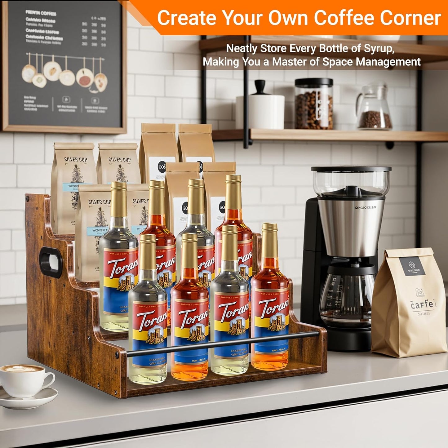 2 Pack 4-Tier Liquor Bottle Display Shelf, 16-Inch Wooden Bar Shelves for Liquor Bottles, Countertop Whiskey Shelf and Bourbon Shelf Organizer for Home Bar, Kitchen (Rustic Brown)