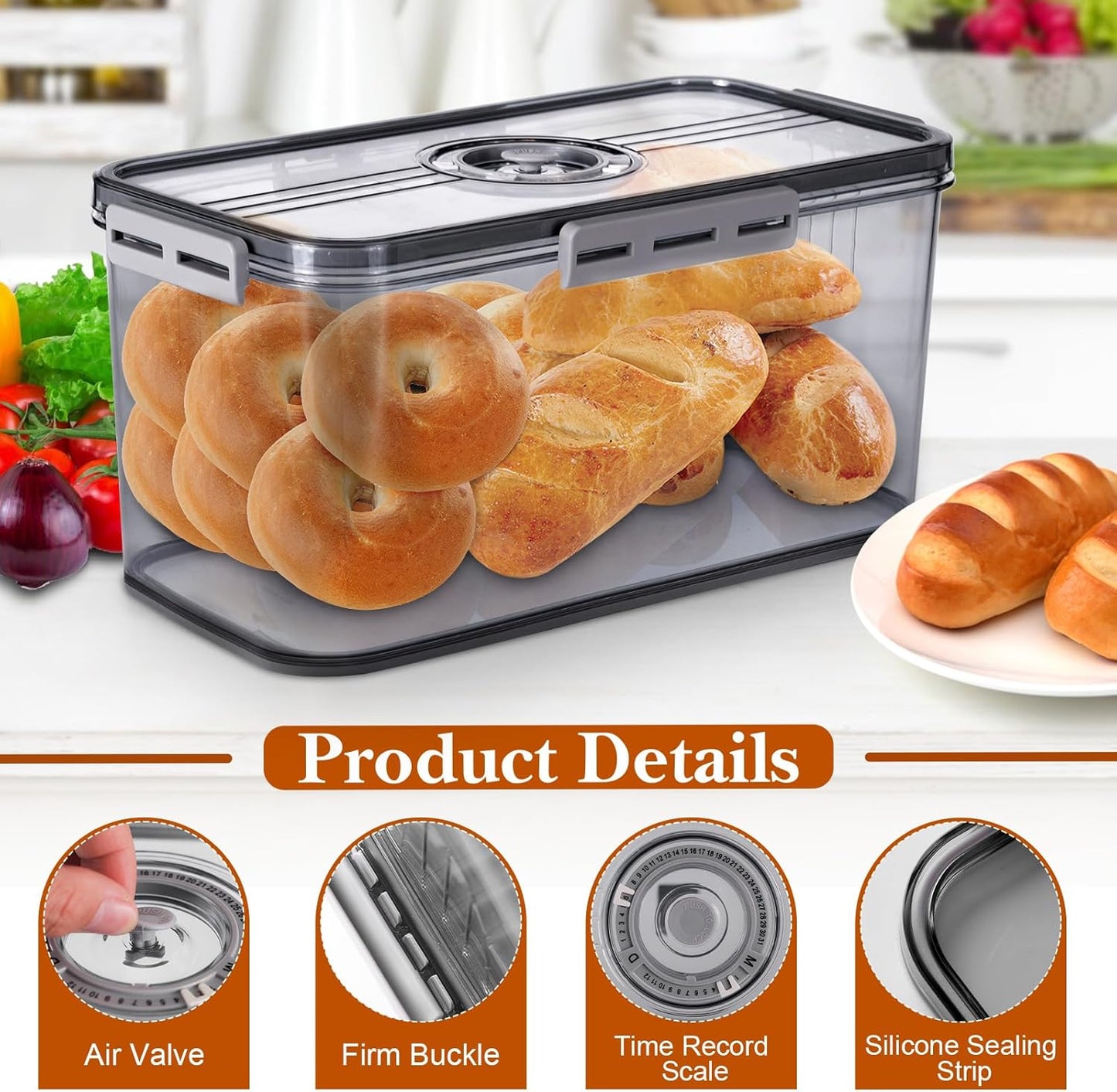 Bread Box for Homemade Bread Boxes for Kitchen Counter Airtight, Time Recording Bread Storage Container with Lid, Bread Containers Storage Airtight Loaf Bread Keeper, Dark Grey