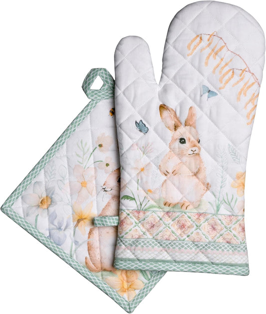 Maison d' Hermine 100% Cotton Oven Mitt & Pot Holder Set (7.5"x13" & 8"x8") Heat Resistant BBQ Cooking Gloves with Loop, Baking, Grilling, Kitchen, Handling Hot Pans Spring/Summer (Easter Dew)
