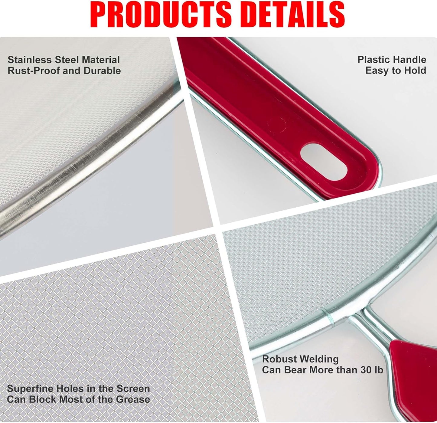 Splatter Screen for Frying Pan, Grease Splatter Guard, Stainless Steel Splatter Guards for Frying with Long Handle, Kitchen Oil Splash Guard Cooking Shield, Fine Mesh Strainer (Red, 10 inch)