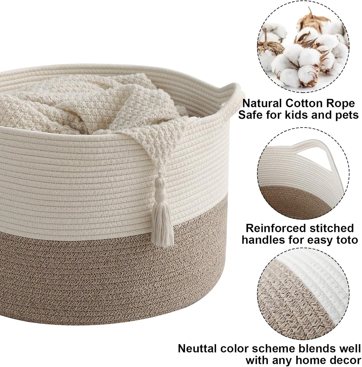 Large Blanket Basket for Organizing,115L Closet Organizers and Storage Bins Box for Shelves Woven Rope Storage Baskets,Living Room,Bedroom,Dorm,Laundry room (White&Brown)