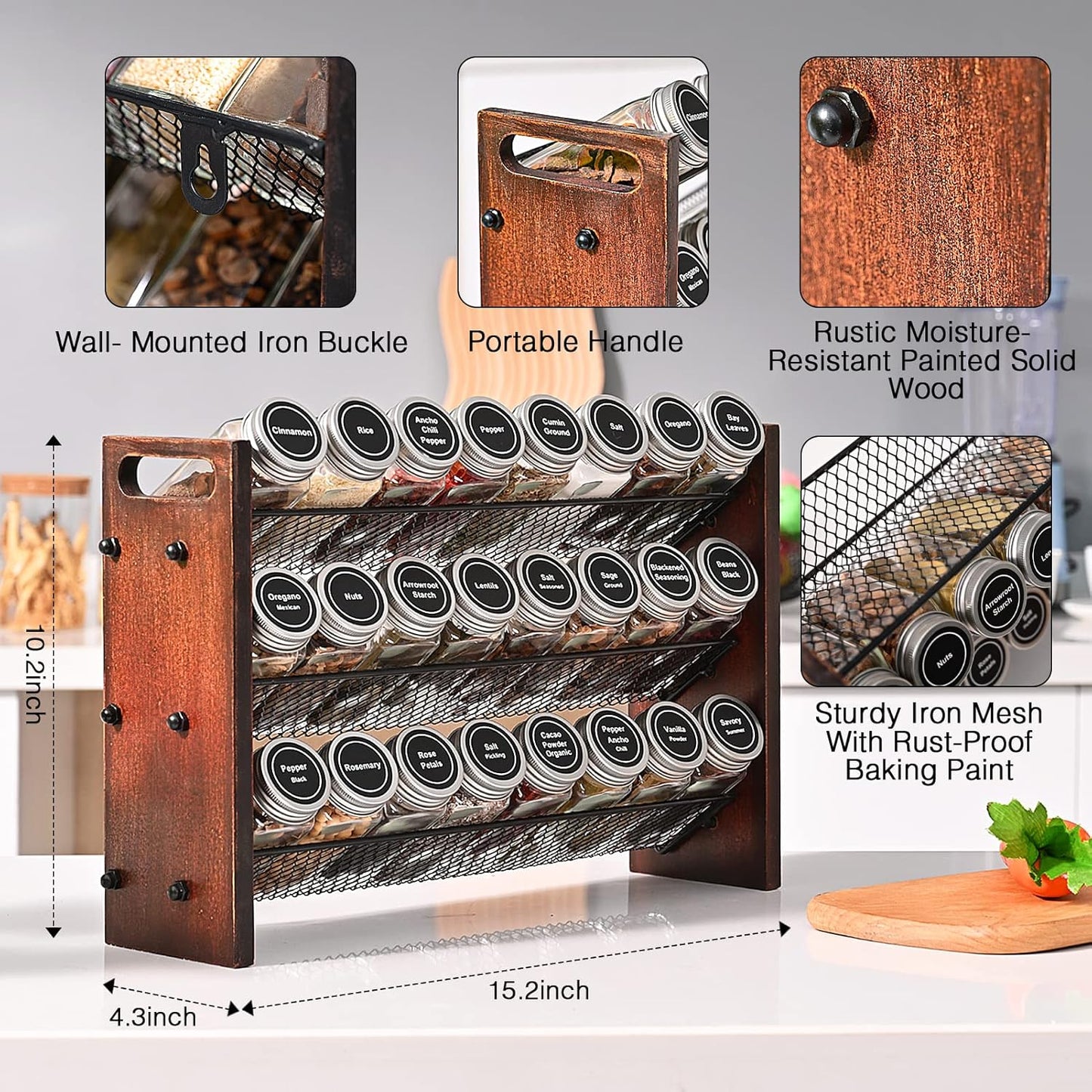 Spice Rack Organizer for Cabinet, Spice Organizer with 24 Empty Spice Jars, 180 Spice Labels, Wooden Spice Jar Organizer, Seasoning Organizer for Cabinet Kitchen, Pantry, Countertop or Wall Mount