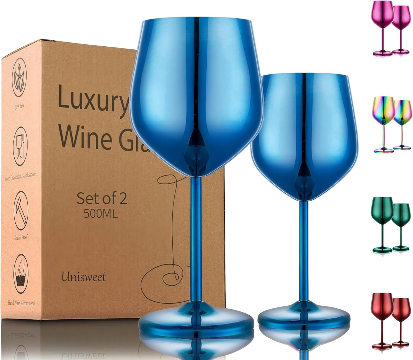 Stainless Steel Wine Glasses Set of 2, 18 oz Unbreakable Blue Wine Glass Unique Metal Wine Goblets for Outdoor Capming and Pool Gift for Wine Lovers
