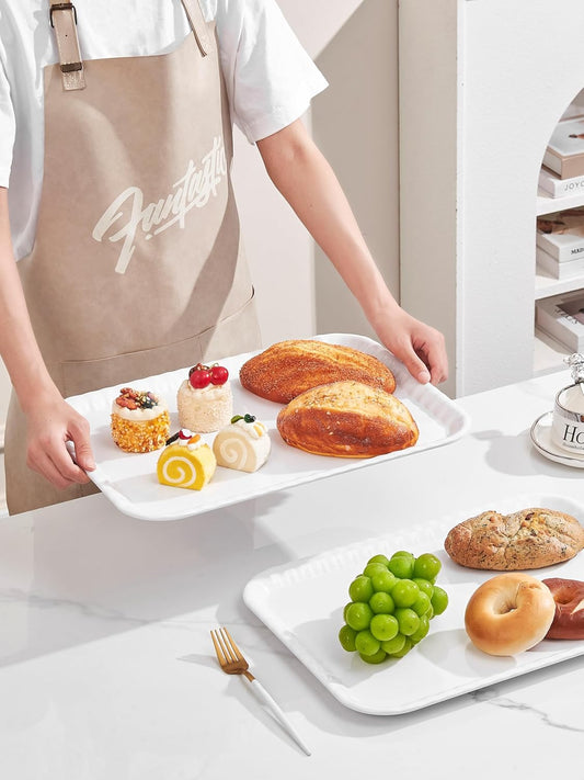 Blue Boat 14" x 10" Serving Trays Set of 4 White, Dinner Tray, Light Weight Easy to Clean Sturdy Stackable Melamine Serving Tray with Handle, Fruit, Snacks, and Desserts Trays