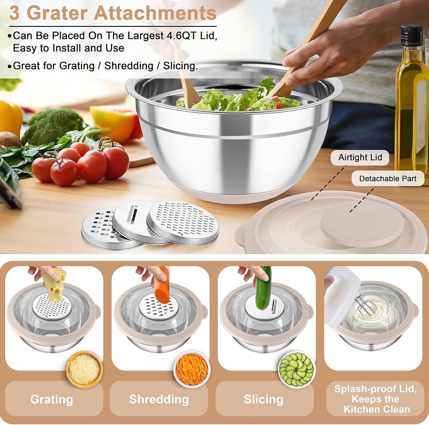 TeamFar Mixing Bowls with Colander Set, Stainless Steel Strainer and Nesting Salad Bowls, with Lids & 3 Graters, Non-Slip Bottom & Visible Lid, Rotatable & Dishwasher Safe, 4.6/3/1.5 QT, Khaki