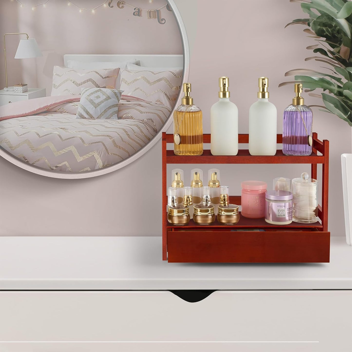 Sorbus Bamboo Bathroom Counter Organizer – 2-Tier Shelf with Hidden Drawer for Vanity, Matcha Station, Bathroom Sink Organizer Countertop, Kitchen & Office Storage (17″ L x 6.5″ W x 12.6″ H) (Brown)