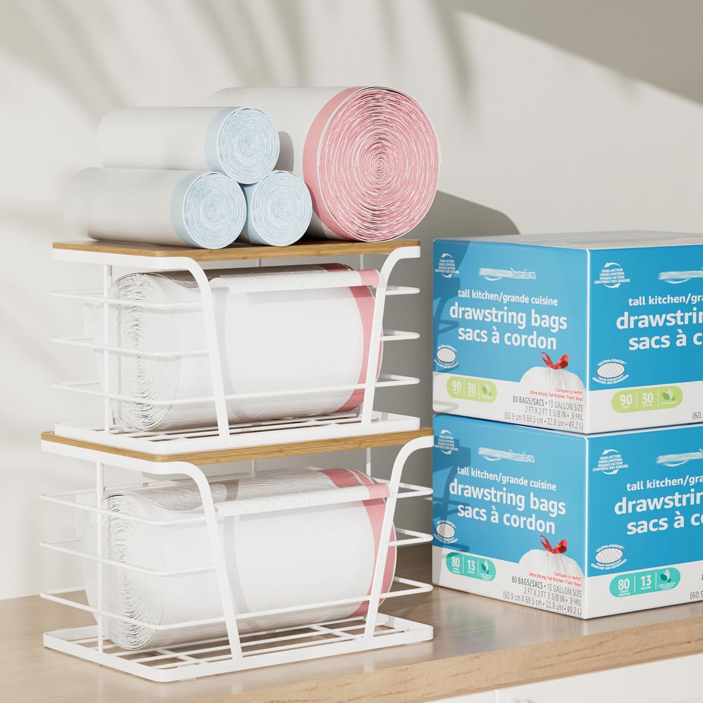 Extra Large 2 Pack Stackable Pantry Organizers - Laundry Room Organization & Decor, Kitchen Decor, Wall Mount Trash Bag Holder with Bamboo Top, White