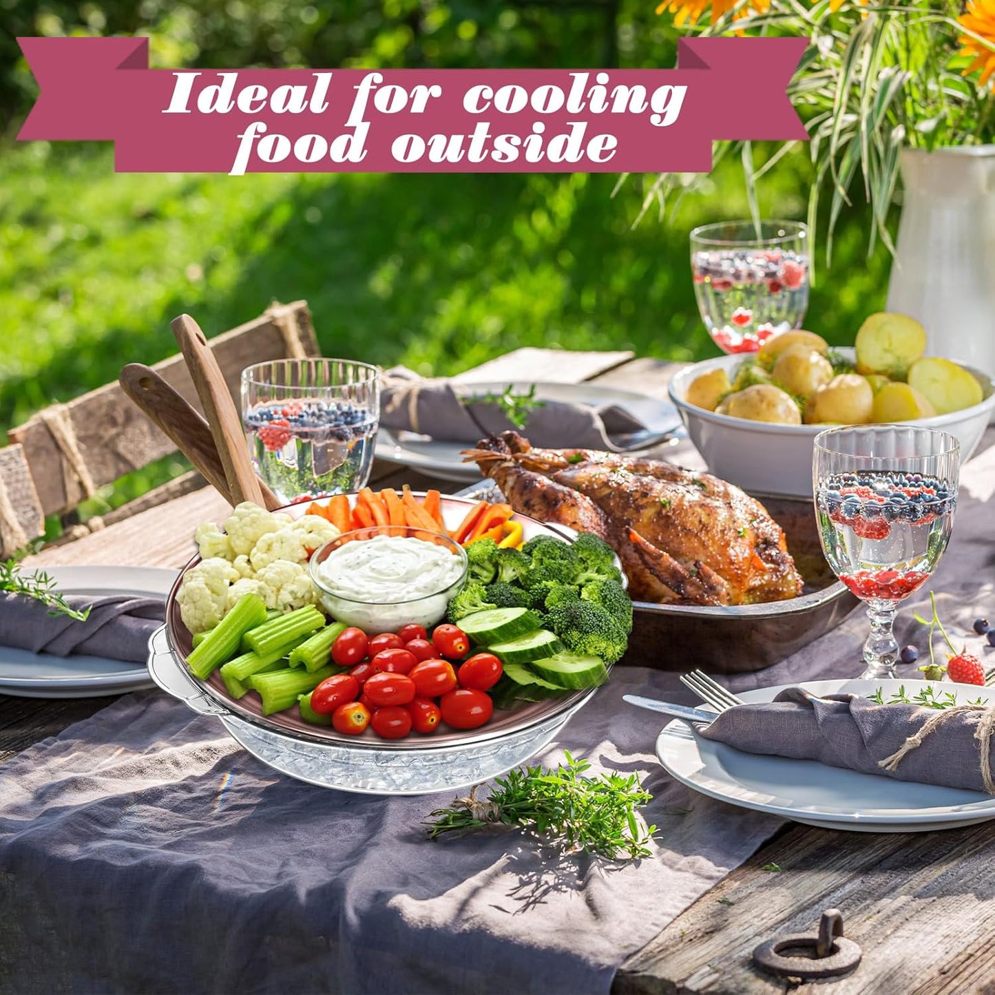 Baderke 3 Set 11.8" Chilled Serving Tray for Parties with Compartments Ice Chilled Party Platter Charcuterie Serving Board Cold Dish Dip for Fruit Seafood Vegetable Shrimp Cocktail (Rose Gold)