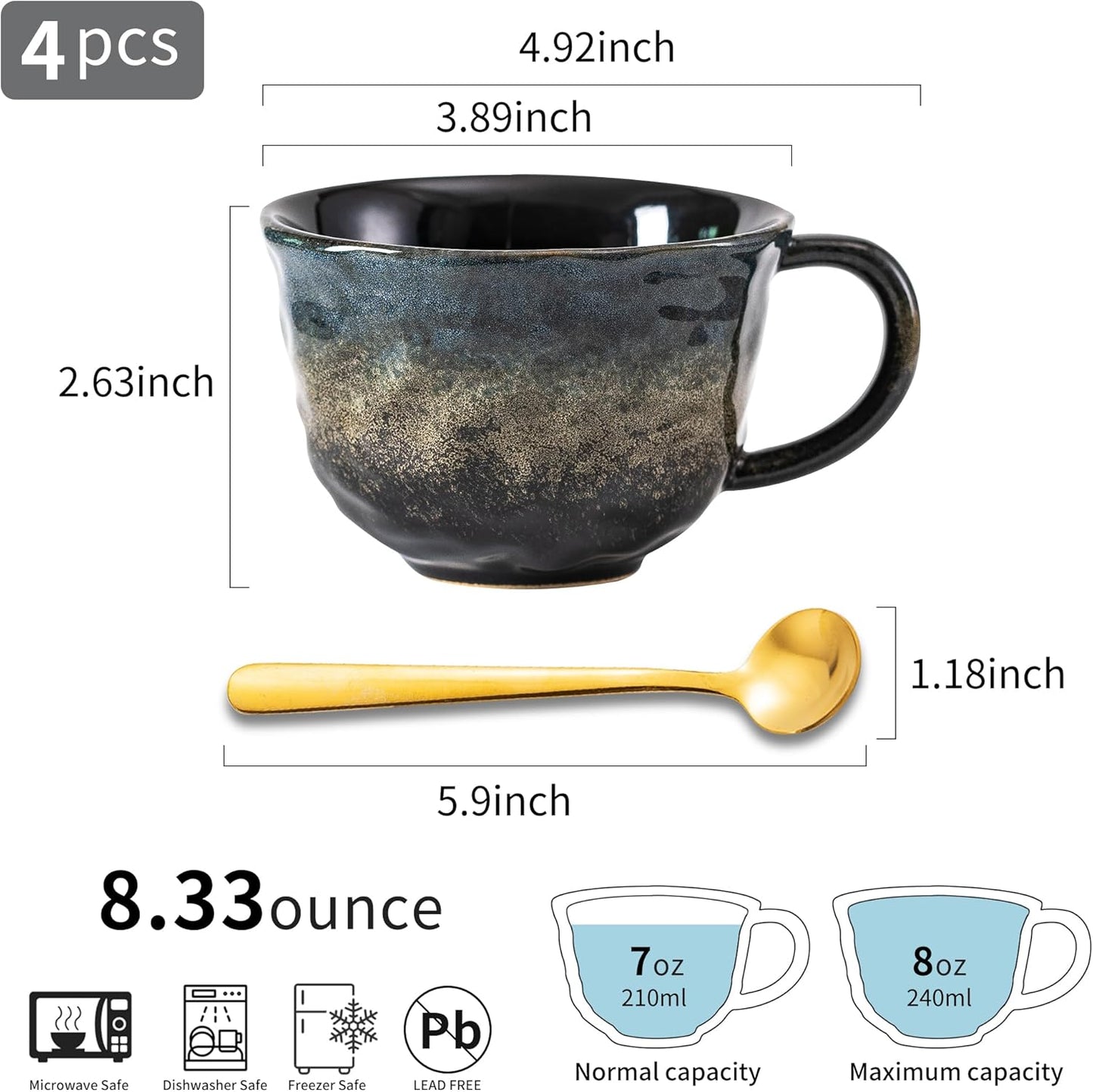 Coffee Mugs Cup, 8 OZ Ceramic Coffee Mugs with Gold Spoon for Man Woman, Modern Set of 4 Cup for Espresso Latte Cappuccino Cocoa Tea Dishwasher & Microwave Safe (Star Pulse)