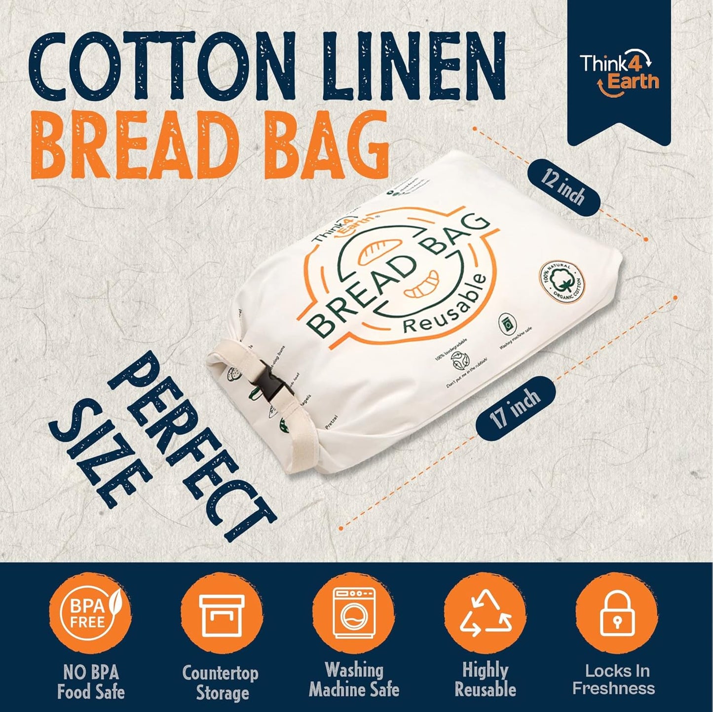 Think4Earth® - Reusable Organic Cotton Bread Bag for Homemade Loaves Large | Premium Quality Storage Bags - Unique Cotton Bags for Sourdough, Safe and Eco-Friendly (2 Units)