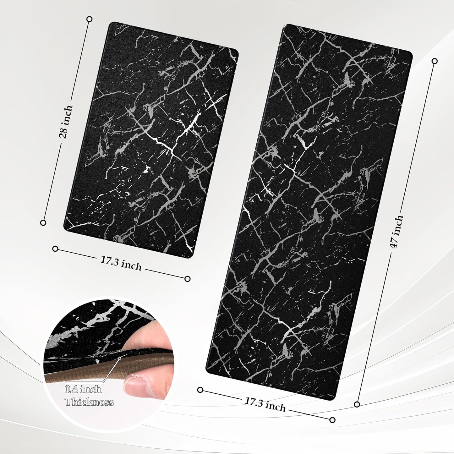 Silver Foil Stamped Marble Kitchen Mats for Floor 2PCS Cushioned Anti Fatigue Non Slip Waterproof Comfort Leather Kitchen Rugs 2/5 Inch PVC Kitchen Mats for Sink, Laundry, 17.3"x28"+17.3"x47", Black