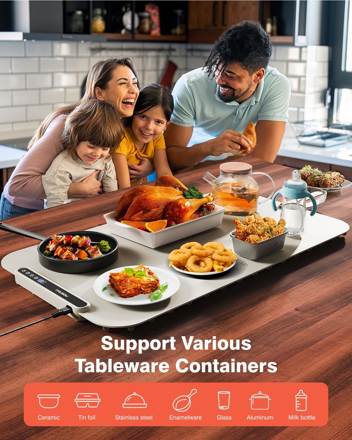 Food Warming Mat, iTRUSOU 27.5x16'' Electric Warming Tray with 7 Temp-Settings, Switchable Fahrenheit/Celsius, 99h Timer, Foldable Food Warmer Keep Food Warm at Buffet, Party, Sabbath, Daily Use