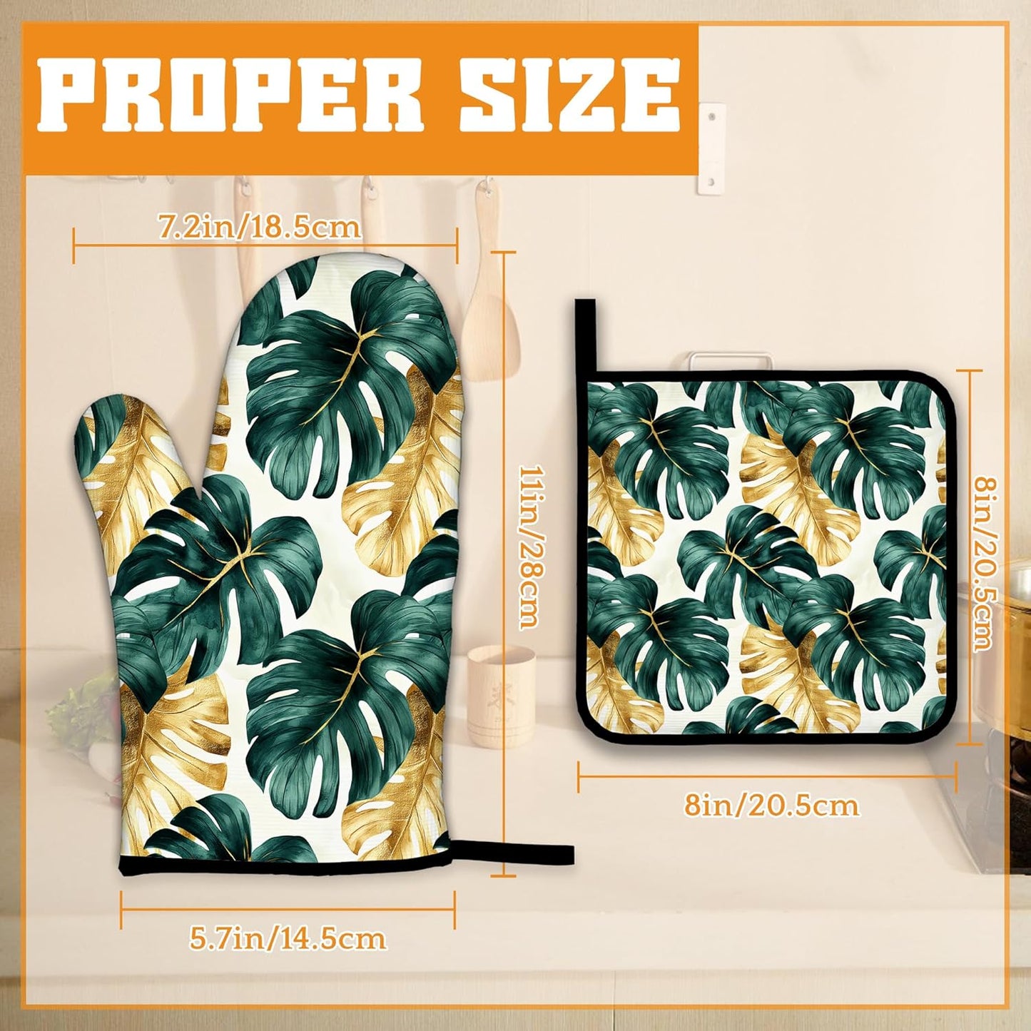 Palm Leaf Golden Tropical Oven Mitts and Pot Holders Set,Kitchen Decor Heat Resistant Non Slip Hot Pads and Oven Mitt for Chef Cooking Baking BBQ Mom Girl Gifts(4 Piece Set)