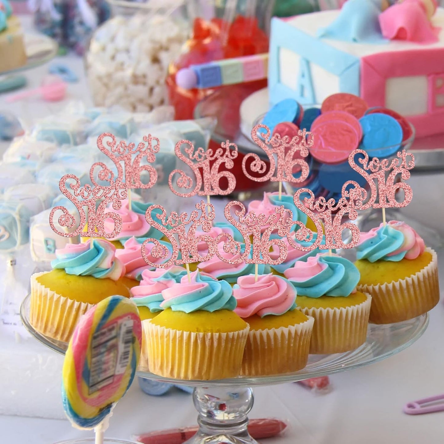 Gyufise 24 Pack 16th Birthday Cupcake Toppers Glitter Sixteen Happy Sweet 16 Cupcake Picks Cheers to 16 Years Old Cupcake Decorations for 16th Birthday Anniversary Party Cake Supplies Rose Gold