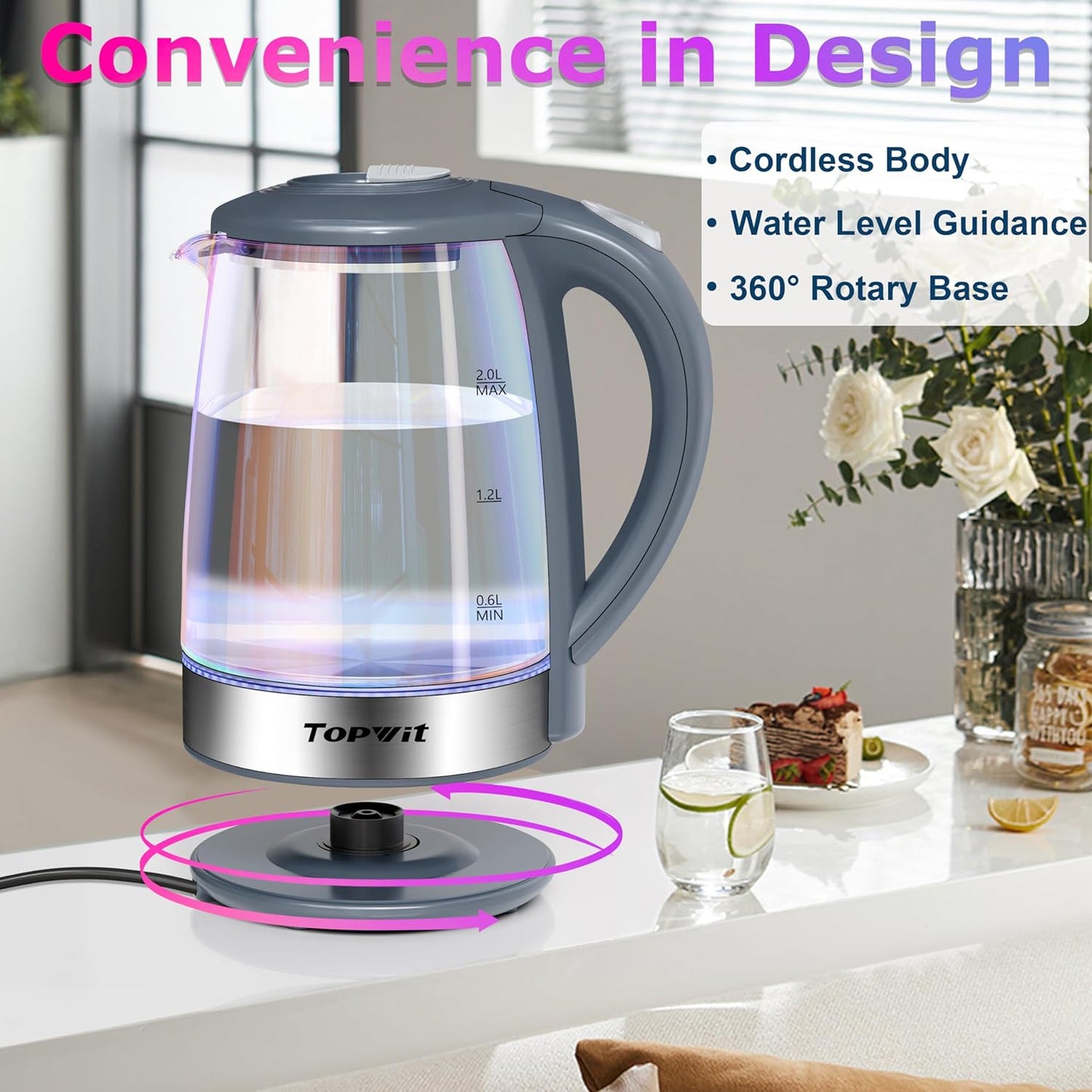 TOPWIT Electric Kettle, Colorful Glass Tea Kettle, 2.0L Hot Water Kettle Electric, BPA-Free Stainless Steel Lid & Bottom, Electric Kettles for Boiling Water, Auto Shut-Off & Boil Dry Protection, Grey