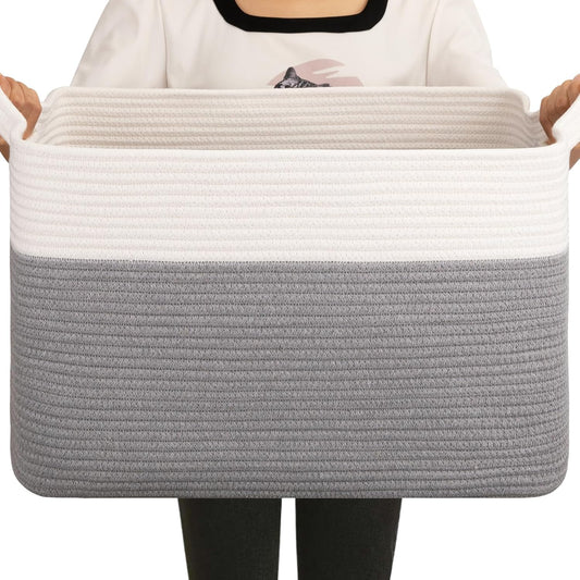 OIAHOMY 65L Blanket Basket, Cotton Rope Woven Blanket storage for Living Room, Rectangle Woven Baskets for Storage, 20''×16''×12'', Grey and White