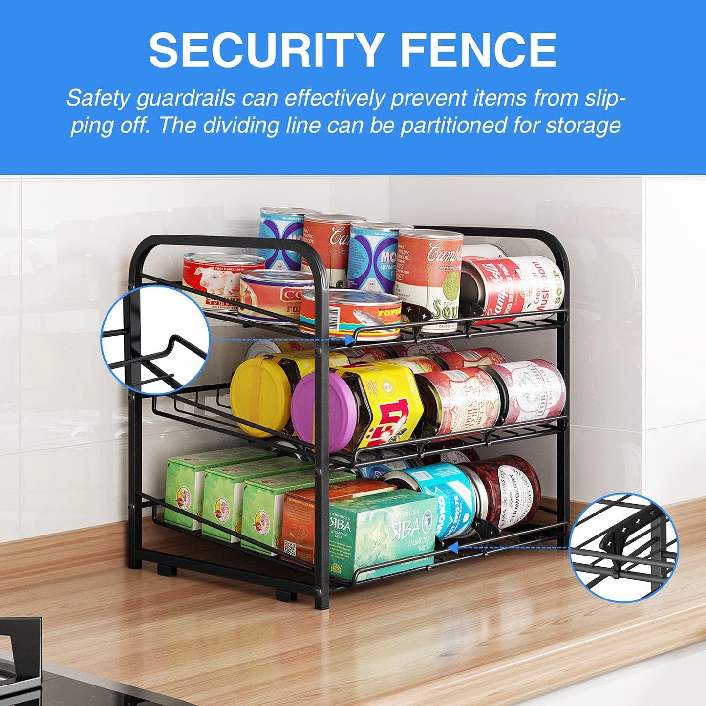 AIYAKA Can Rack Organizer, 3 Tier Stackable Can Storage Dispenser–12.2" D x 16.6" W x 14.5" H,for Food Storage, Kitchen or Pantry, Storage for 36 Cans, Black