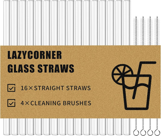 Lazycorner Reusable Glass Straws Set 16 Pcs 8.5''x 10MM Straight Clear Glass Drinking Straws, Set of 16 with 4 Cleaning Brushes. Reusable Straws Perfect For Smoothies, Tea, Juice-Clear Cocktail.