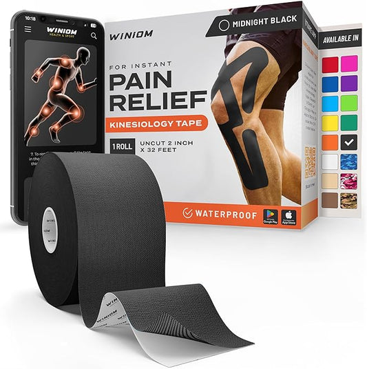 Kinesiology Tape-Incredible Support for Athletic Sports and Recovery + Free Taping Guide-Uncut 2 inch 32 feet Roll (Midnight Black + Free Taping Guide, Pack of 1)