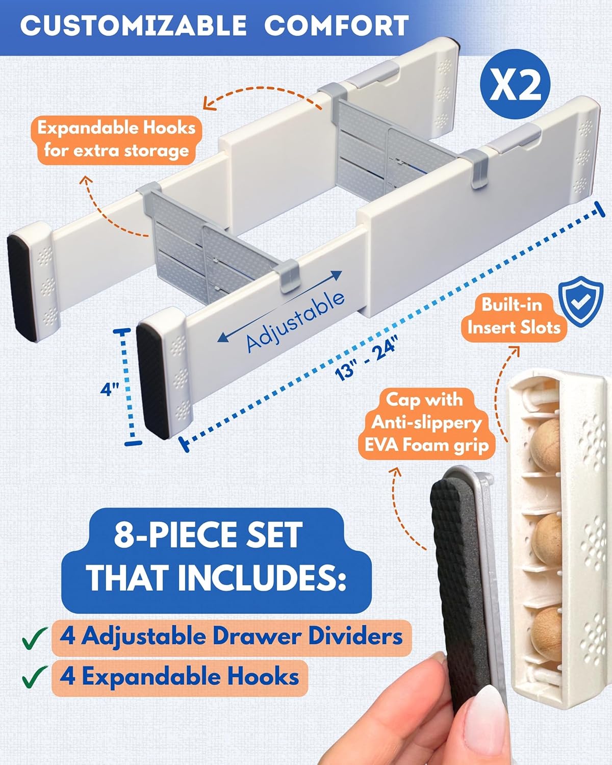 4 Pack Drawer Dividers for Clothes with Scent Slots 4" High, 13-20.4" and 4 Adjustable Hooks, Expandable Dresser Drawer Organizer for Closet, Kitchen, Bathroom, Office
