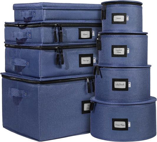 Hard Shell China Storage Containers 8-Piece Set Moving Boxes for Dinnerware, Glasses, Plates, Mugs and Saucers Sturdy Dish Organizer with Dividers for Seasonal Storage - Service for 12 - Denim Blue