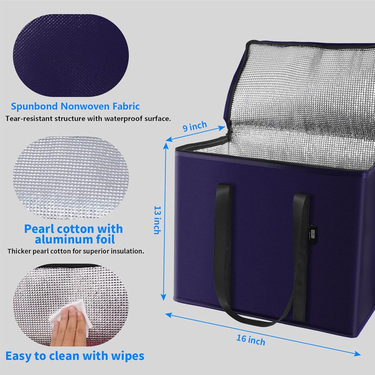 2-Pack Reusable Insulated Grocery Bags with Zippered Top, Heavy Duty Cooler Bags for Frozen Foods, Waterproof and Foldable Bag for Cold Storage & Travel– Dark Purple