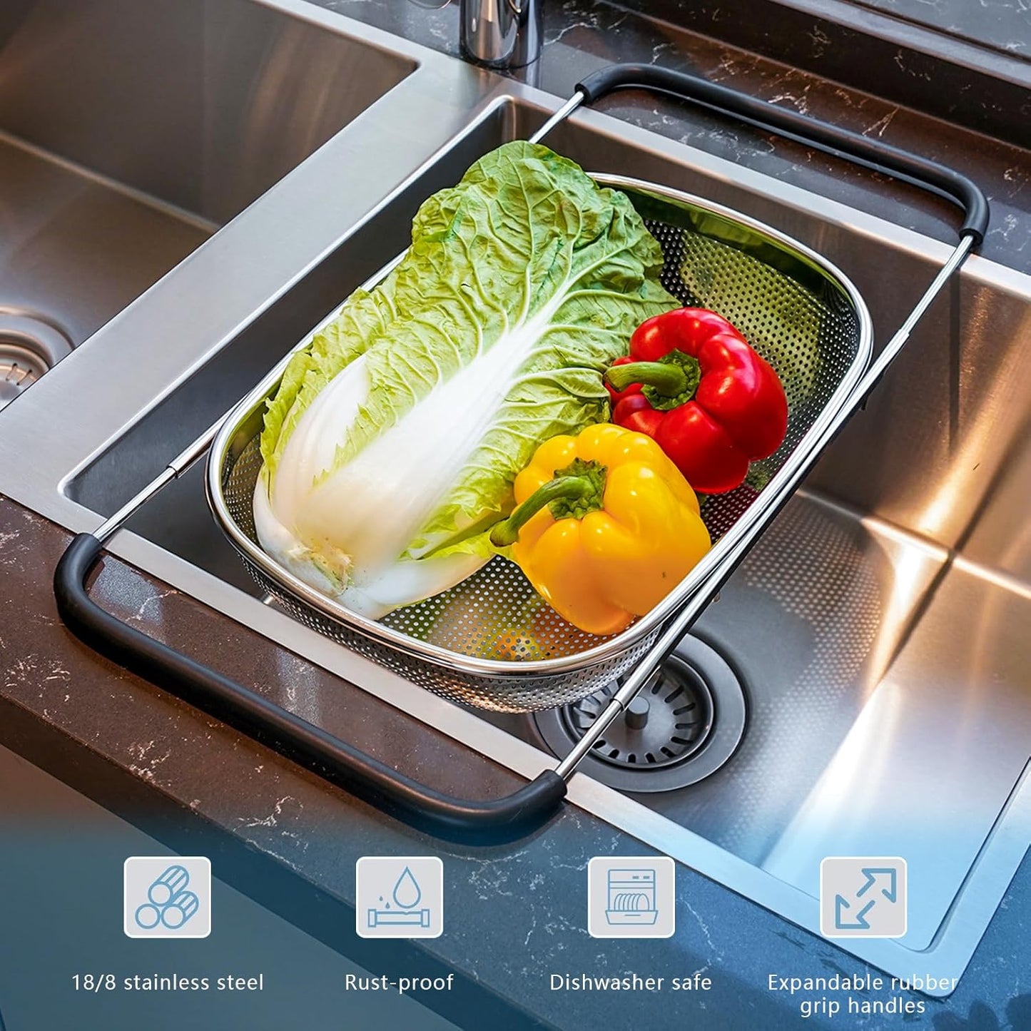 REDANT Over The Sink Colander - Expandable Stainless Steel Strainer with Fine Mesh for Pasta, Rice, Fruits & Vegetables - Kitchen Colander with Rubber Grip Handles, Silver (1-Pack)