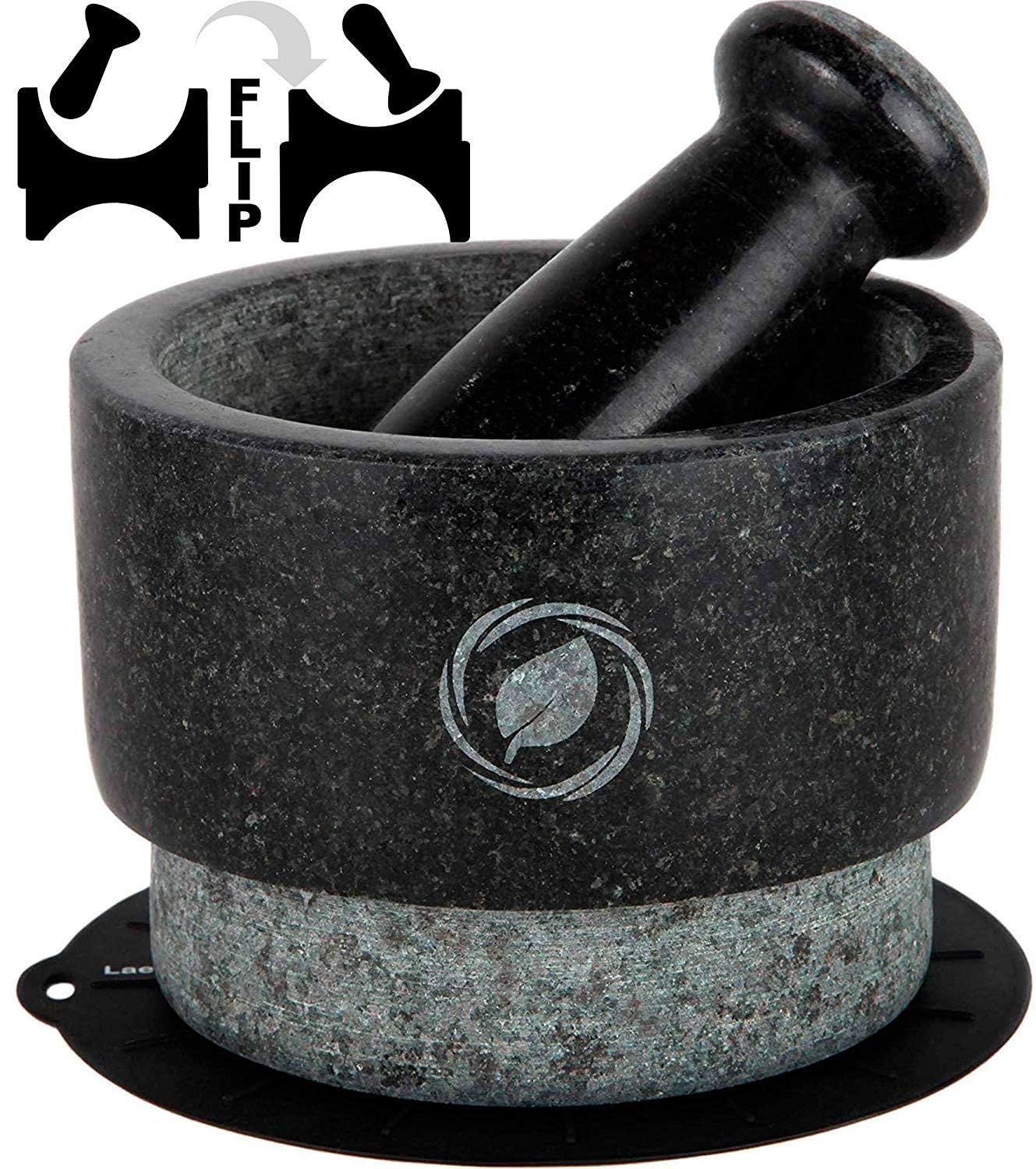 Laevo Mortar and Pestle Large Set - Black Granite Stone Spice Grinder, 2.1 Cup Capacity, 5.5 Inches - Reversible Molcajete Mexicano - Guacamole, Spices - Large Mortar and Pestles Set