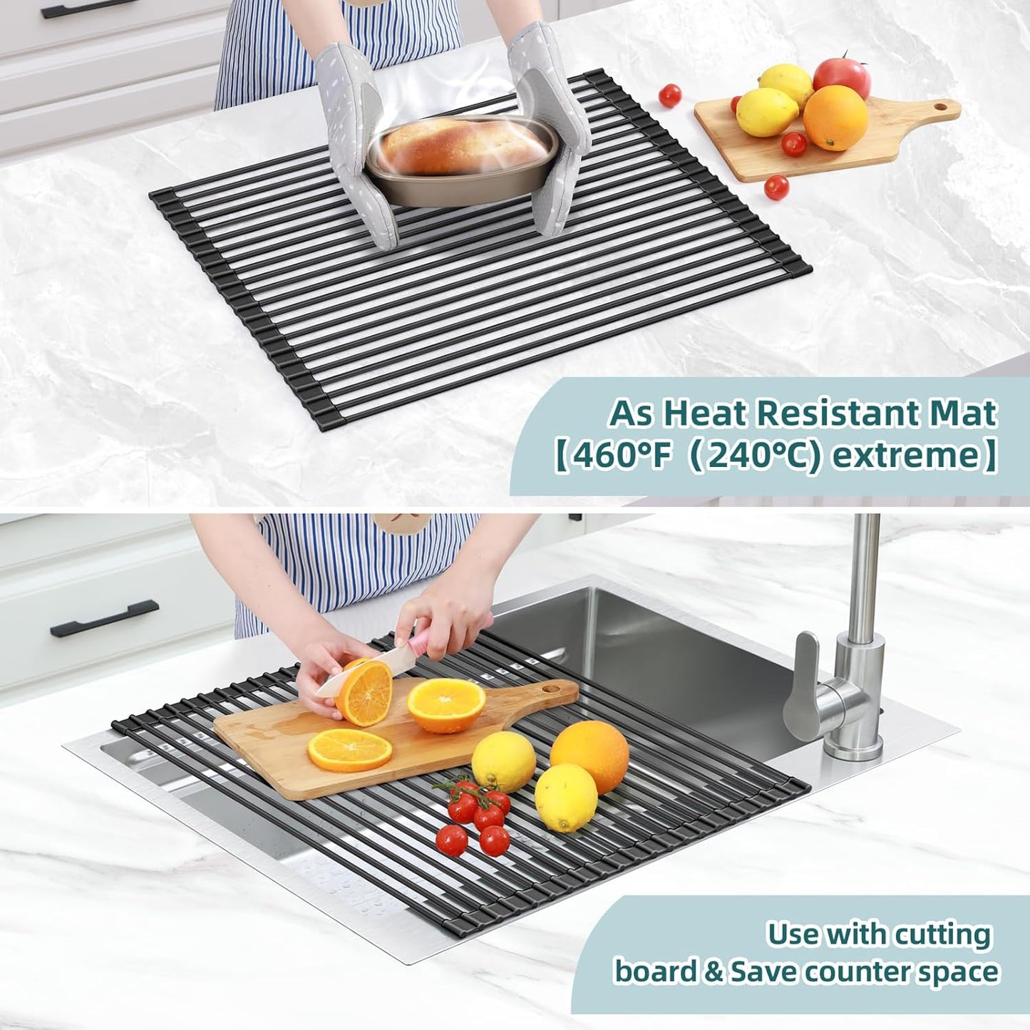 Ohuhu Sink Drying Rack, 20.5" W x 16.1" L Over Sink Roll-Up Dish Drainer - Rolling Foldable Accessories Heat-Resistant Mat Anti-Slip Silicone Coated Multipurpose for Kitchen Counter