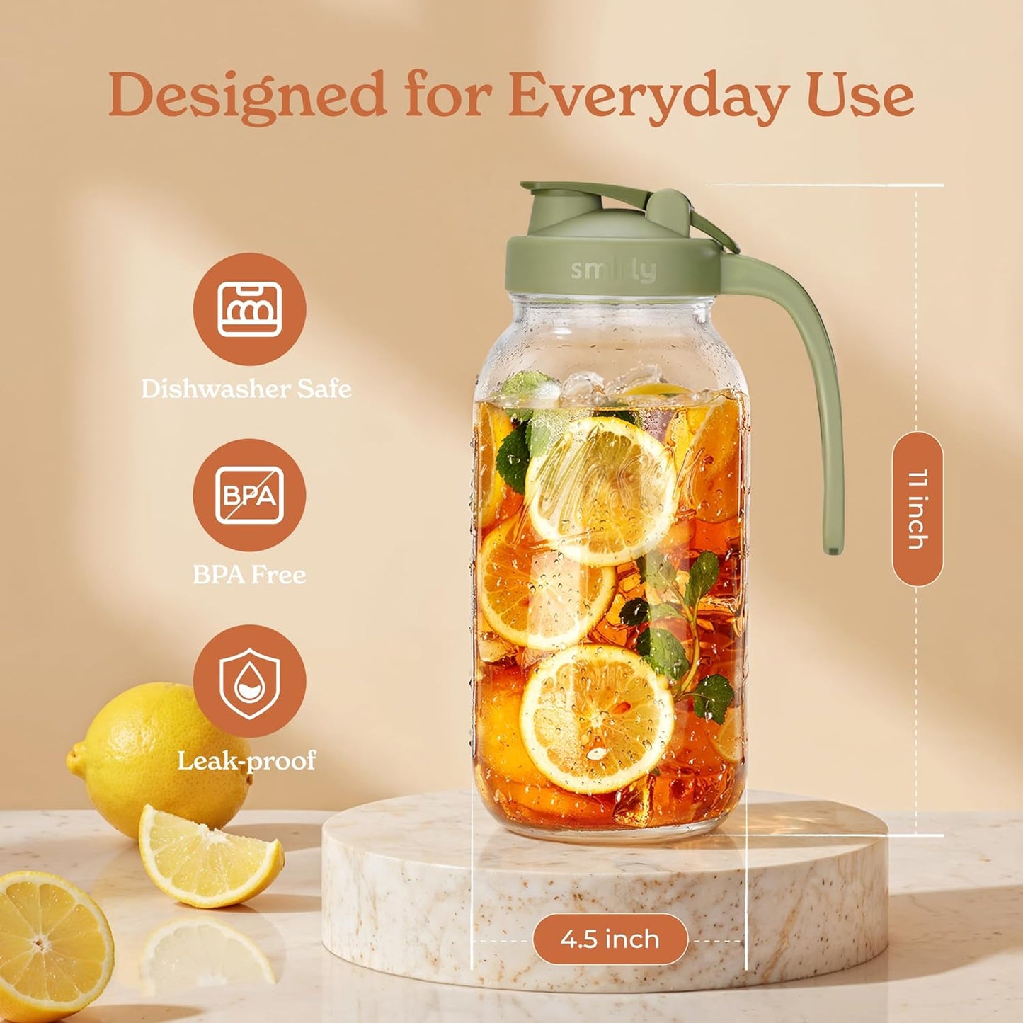 SMIRLY 64 oz Mason Jar Pitcher,Glass Pitcher with Wide Mouth,Water Jug with Double Leak Proof Lid for Iced Coffee,Hot Water,Breast Milk