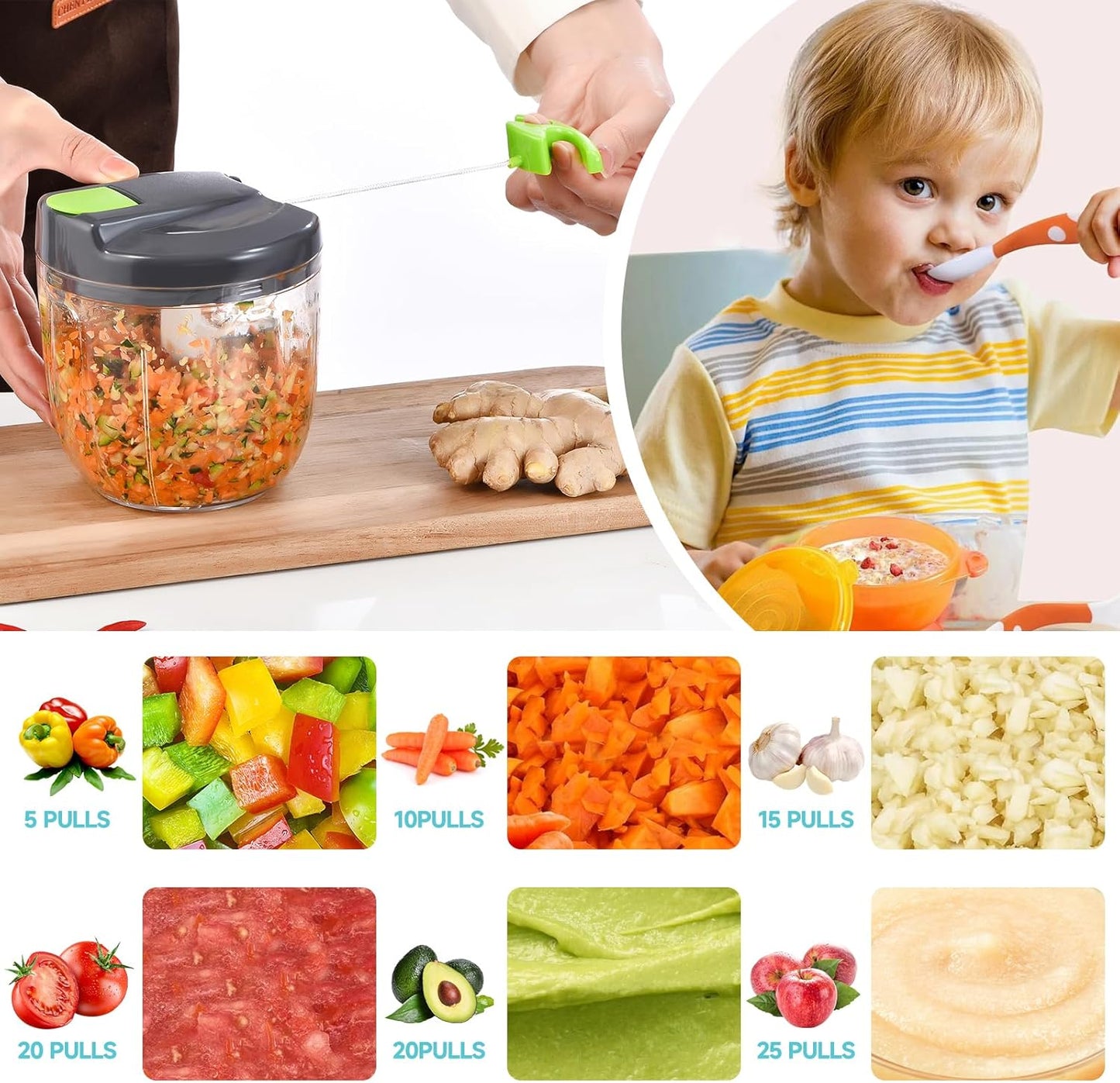 Manual Food Processor Vegetable Chopper, Portable Hand Pull String Garlic Mincer Onion Cutter for Veggies, Ginger, Fruits, Nuts, Herbs, etc., （900ml,Gray-green）