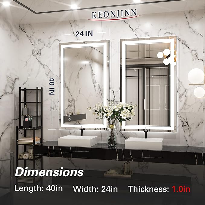 Keonjinn LED Bathroom Mirror with Lights 40 x 24 Inch IP54, Tempered