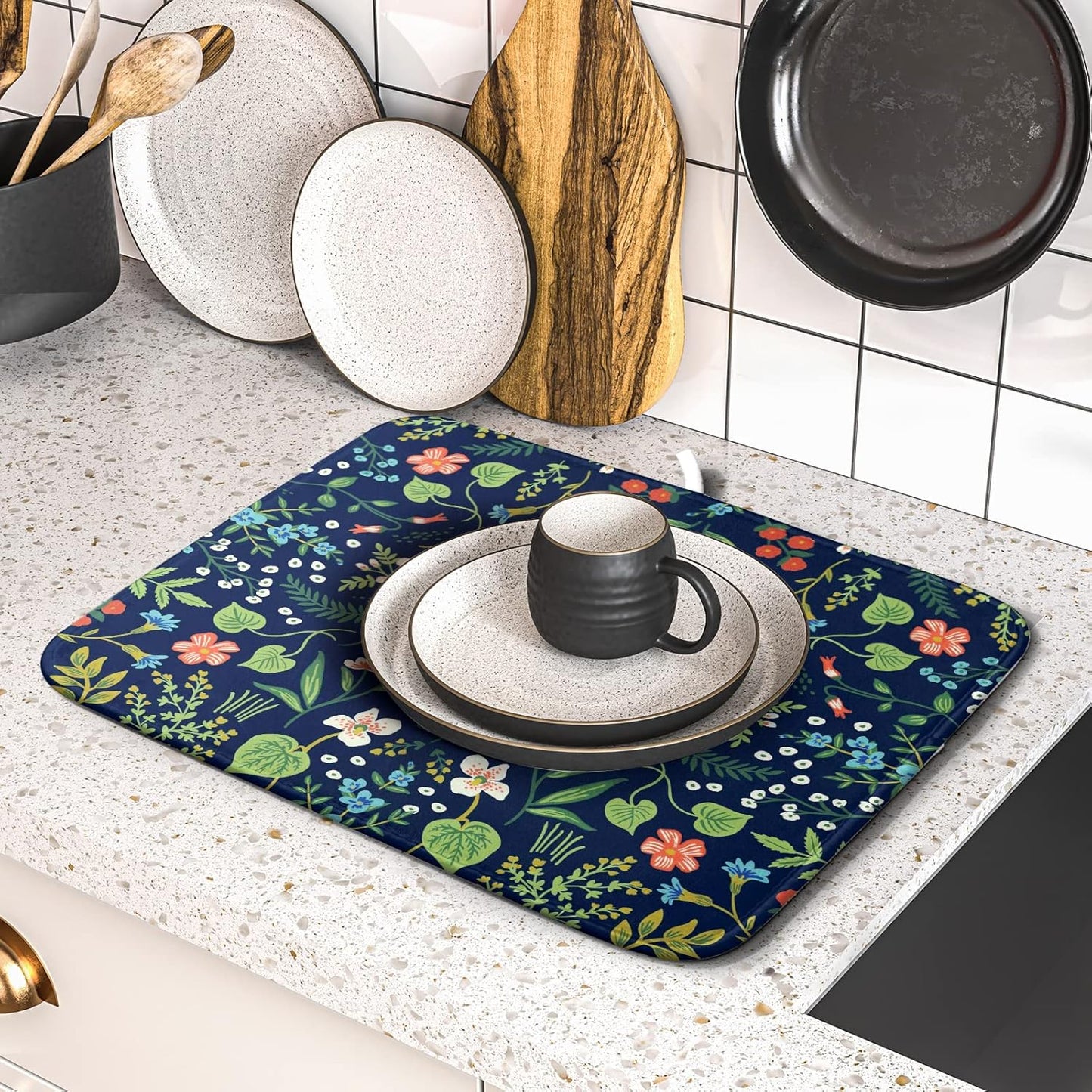 Flower Floral Dish Drying Mat 18x24 inch Microfiber Navy Blue Drying Mats with Hanging Loop Absorbent Green Leaves Dish Drainer Mat Reversible Flowers Drying Pad for Kitchen Counter Sink