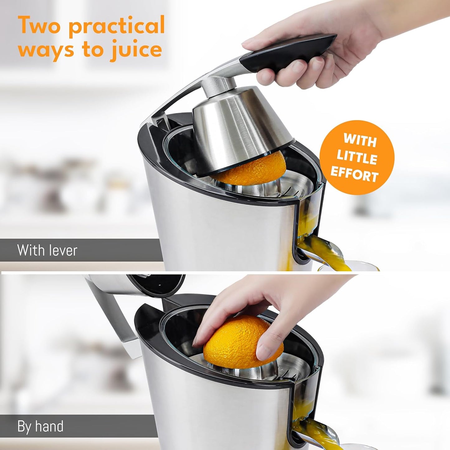 Electric citrus juicer with high juice yield | Orange juicer squeezer 200W + 2 cones I Exprimidor de limones electrico Small juicers machine mini for citrus lemon Esprimidoras naranjas jugo