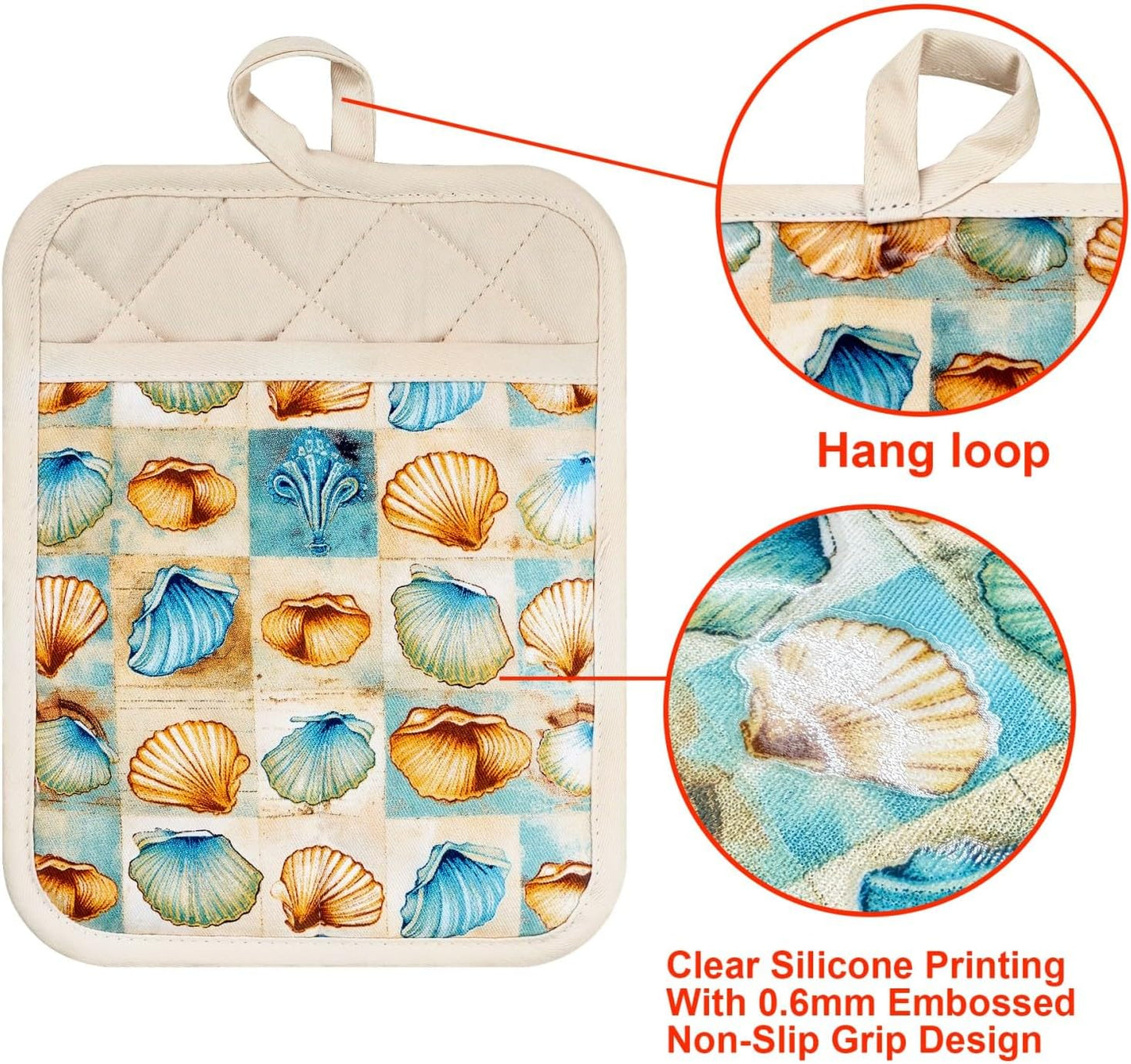 Pot Holders Set of 2 Heat Resistant 480 ℉Non Slip Clear Silicone Printed Comfortable Cotton Lining Kitchen Women Men Cooking Baking Microwave Machine Washable (Shell, Beige potholders)