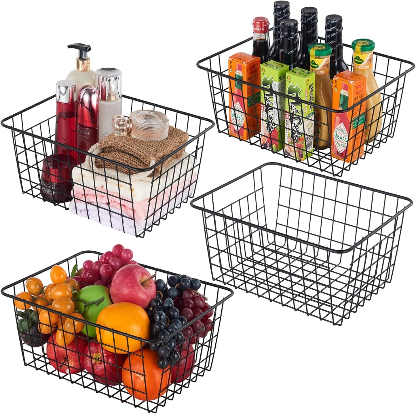 【Extra Large】Wire Kitchen Storage Basket 4 Packs,Perfect Pantry Organization Accessories Baskets,Laundry,Suitable for Countertop, Kitchen, Bedroom, Bathroom,Black