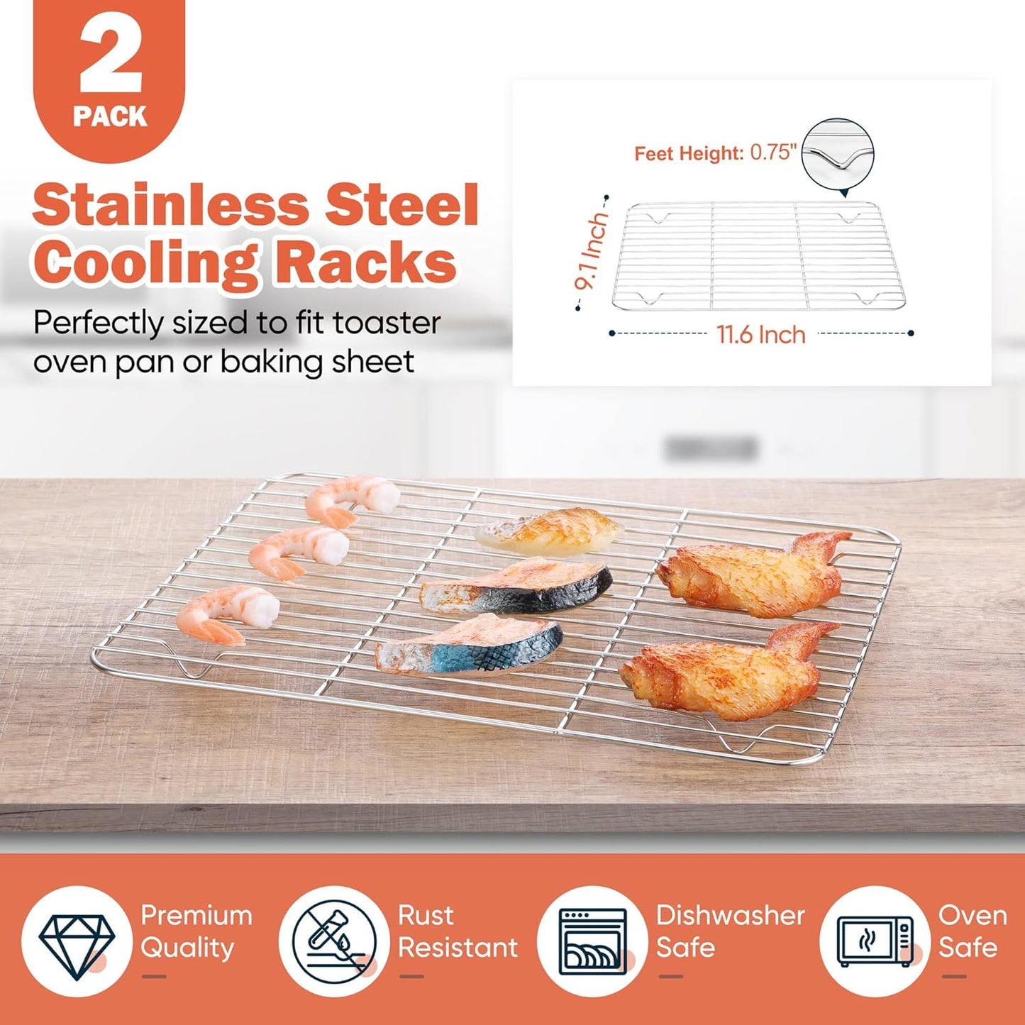 Stainless Steel Cooling Racks Set of 2, Homikit 11.6”*9.1” Heavy Duty Wire Baking Rack for Cooking Roasting Grilling Bacon Cake Cookies, Non Toxic & Rust Free