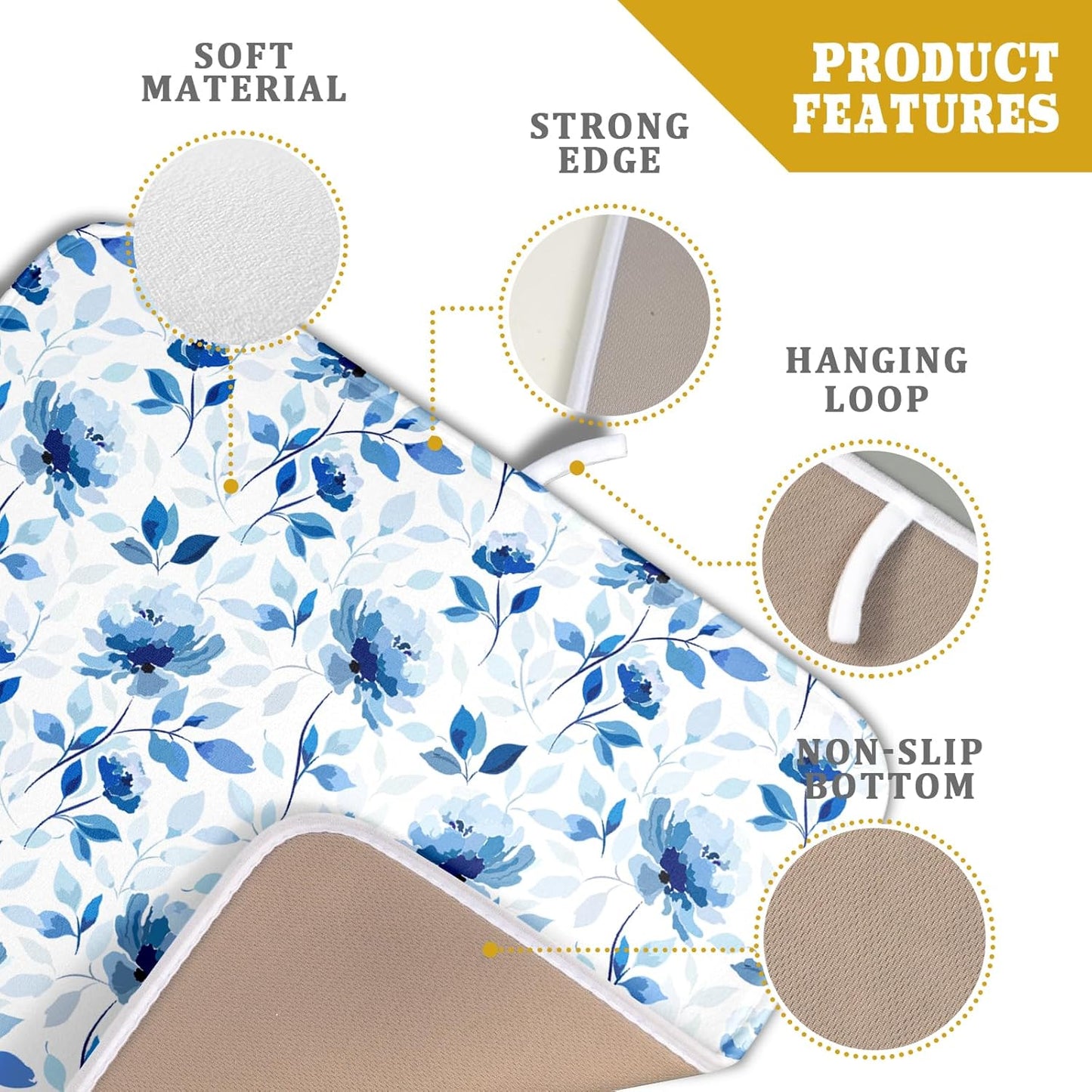 Blue Floral Dish Drying Mat 16x18 inch Flower Leaves Dish Rack Pad Microfiber Washable Dishes Drainer Pad Kitchen Countertop Accessories