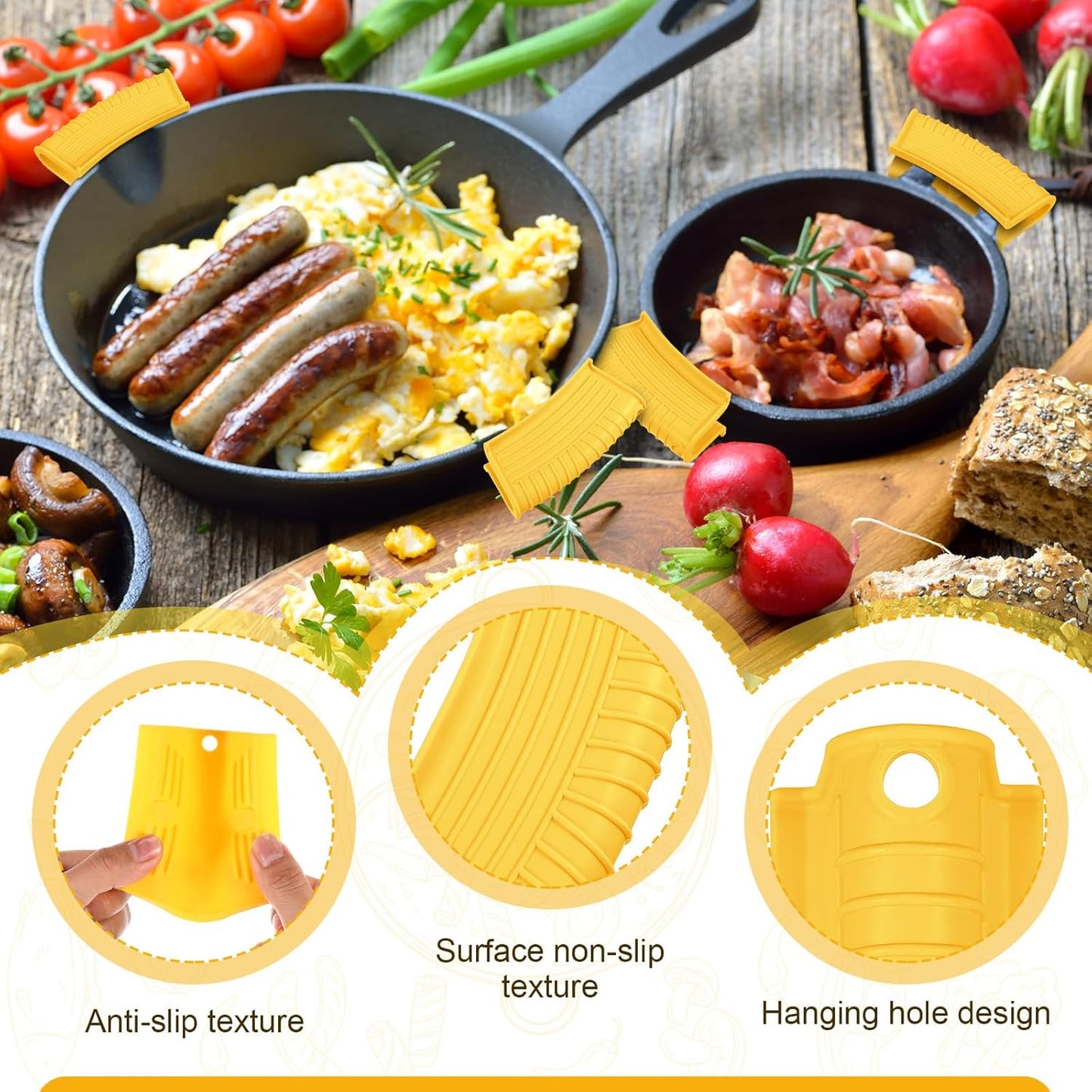 Patelai 4 Pcs Silicone Assist Hot Pan Handle Holder Pot Handle Covers for Cast Iron Skillets Holder Sleeve Nonslip Heat Resistant Pan Cover for Enameled Griddles Casserole Frying Cookware(Yellow)