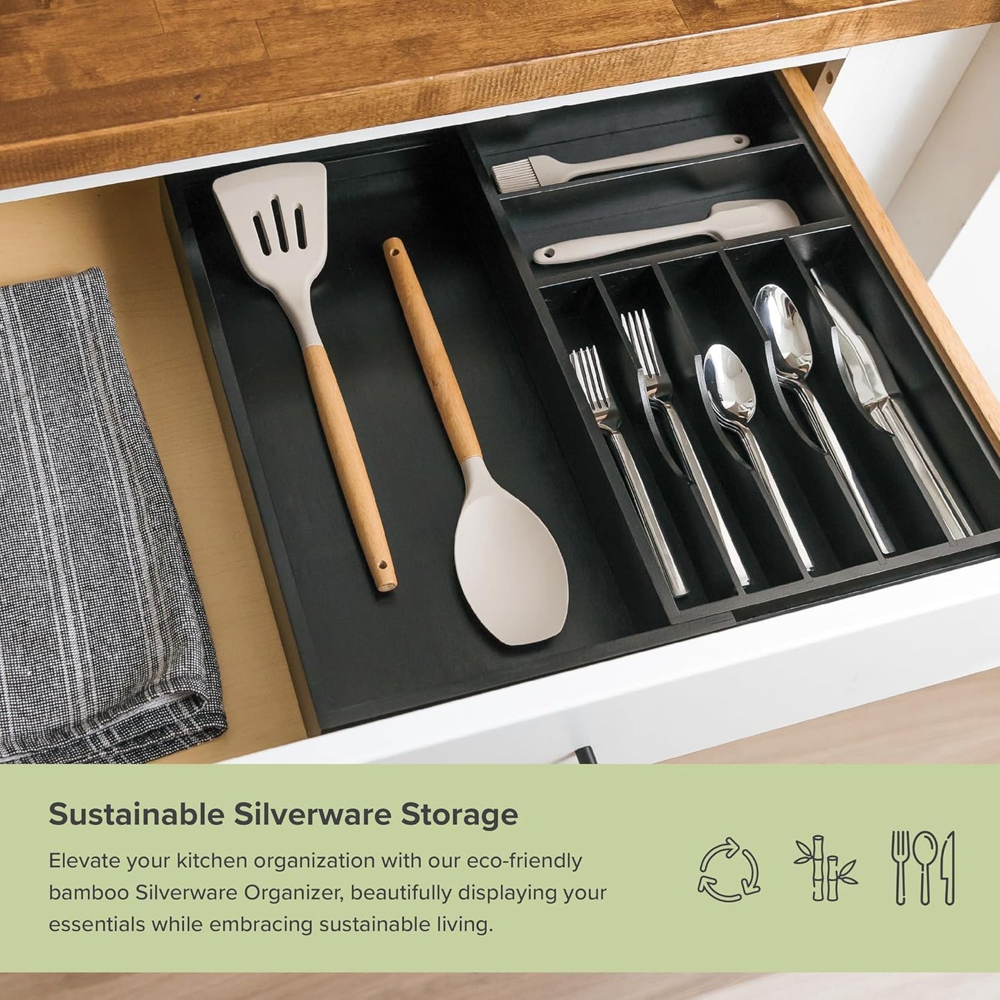 Premium Silverware, Flatware and Utensil Organizer for Kitchen Drawers, Food-Safe Contract Grade, Expandable from 10.5 to 19 In, Black Bamboo