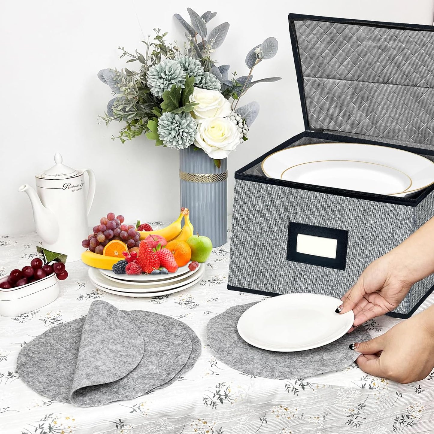 homyfort China Storage Containers - Dinner Plate Storage with Lid, Handles, Hard Shell Dinnerware Protectors for Moving Bowls, Saucer, Padded Protective Storage, 12x12, 2 Pack